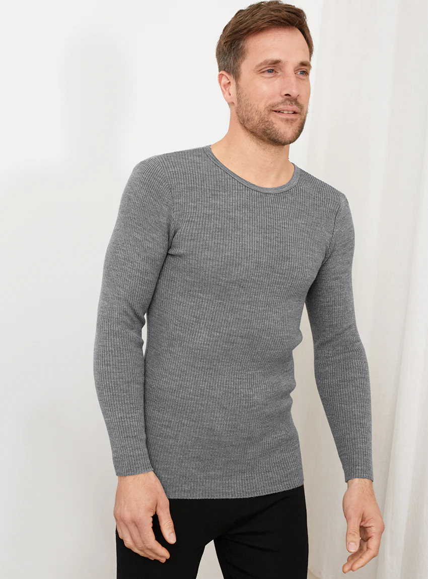 Tee-shirt thermique épais manches longues homme en laine gris léger