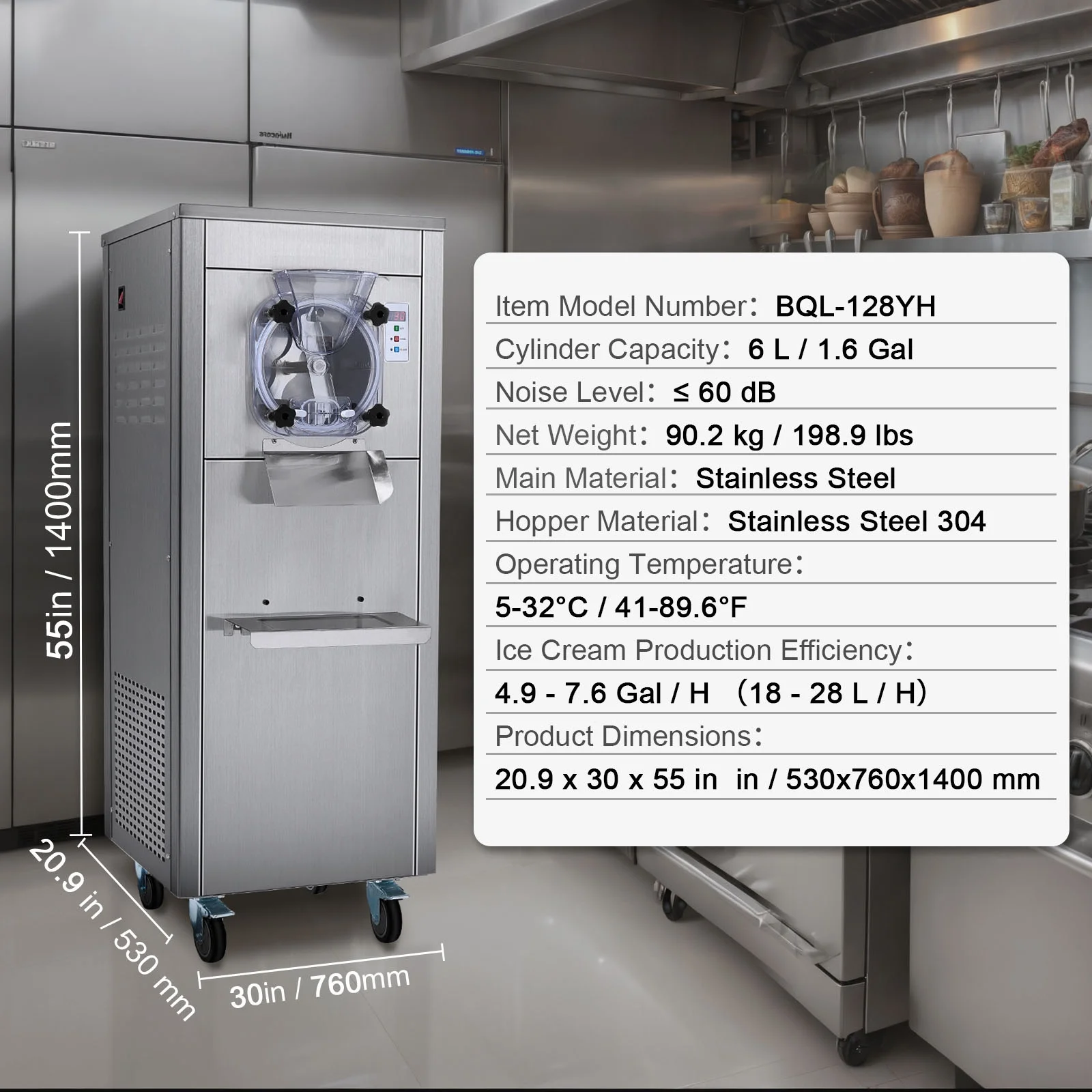 Commercial Ice Cream Machine, 18L/Hour Output, 1780W, Single Flavor, Mobile with Wheels, 6L Stainless Steel Cylinder, LED Screen, Auto Clean Pre-cool - Image 2