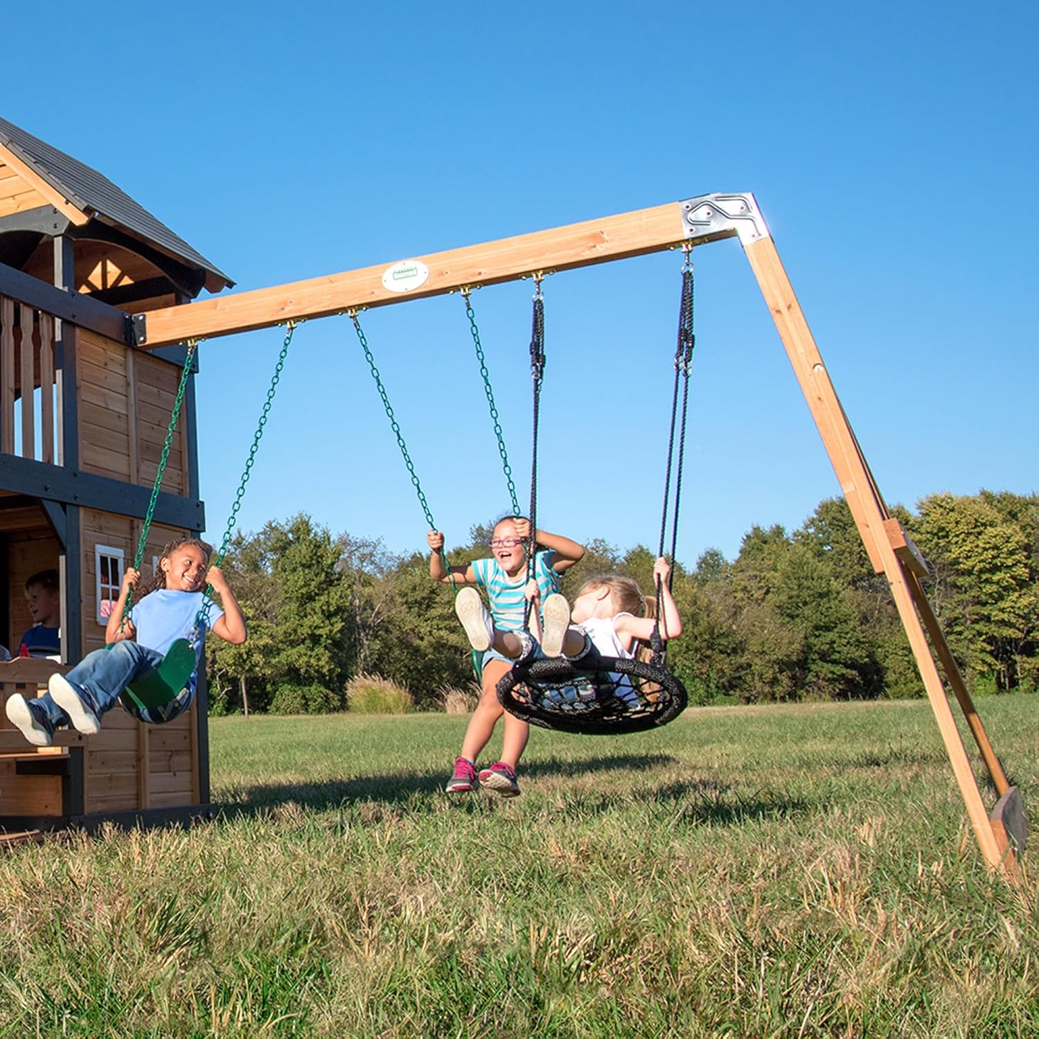 Canyon Creek Cedar Wood Swing Set with Wave Slide, Clubhouse, Play Kitchen, Picnic Area, Belt Swings, Web Swing, Rock Wall, Balconies,…