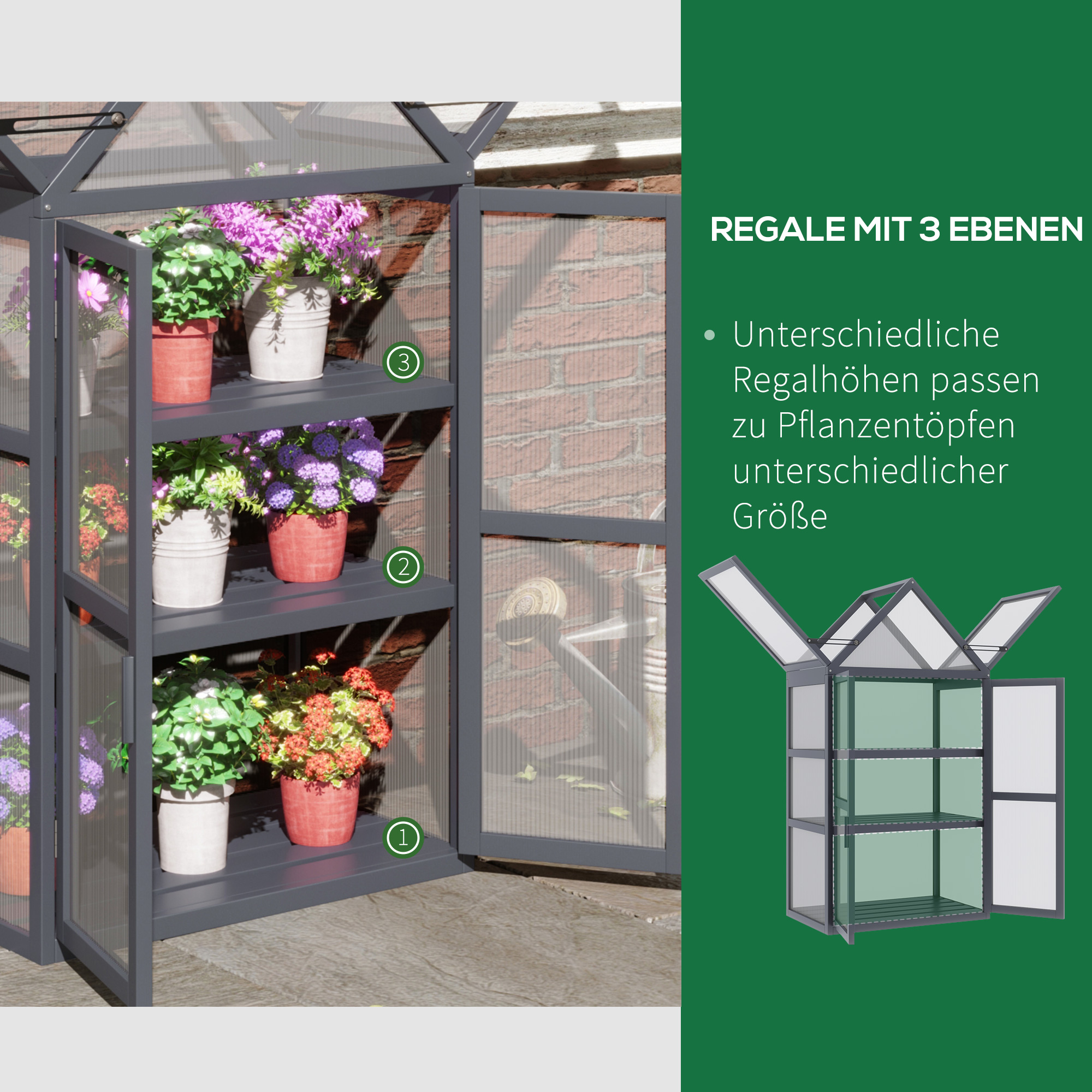 Outsunny kas met 3 planken, massief hout, behuizing van polycarbonaat, grijs, 70,5 x 42 x 132 cm