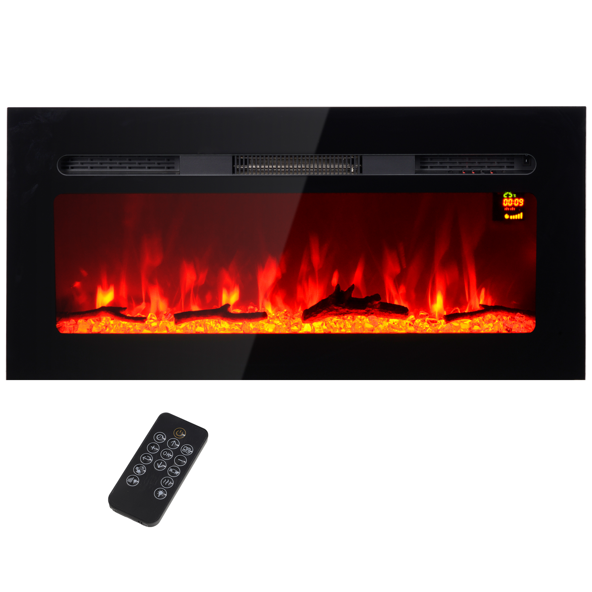 HOMCOM Elektrische Haard voor Wandmontage met Afstandsbediening, Kunstmatige Houtblokken en Kristallen, 1800W, Zwart
