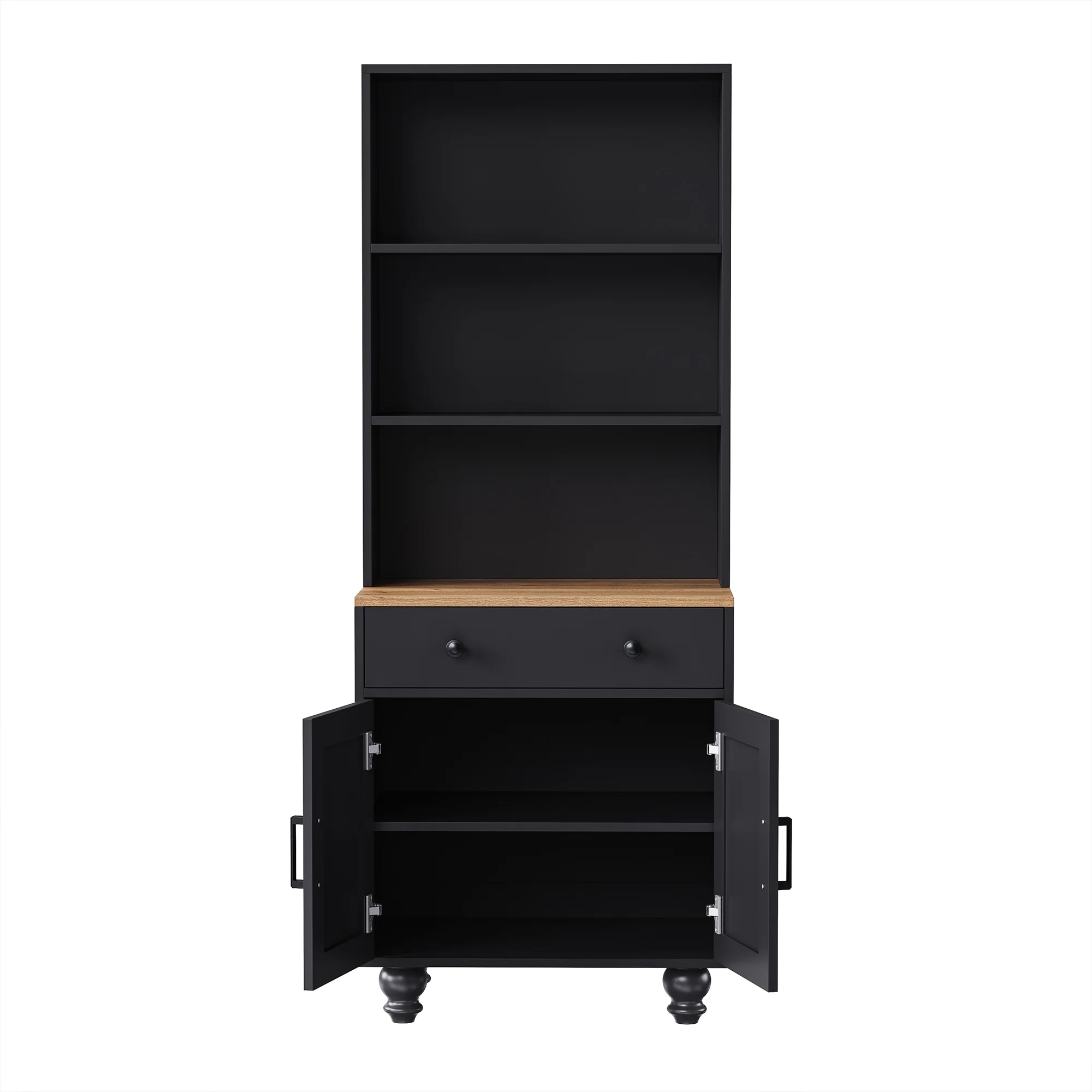 Kitchen Pantry Storage Cabinet, Farmhouse Kitchen Hutch Cabinet with Adjustable Shelves and Drawers, Gourd-shaped Legs, 5 Tier Floor Book Shelf for Study Room(Black + Dark Walnut) - Image 8