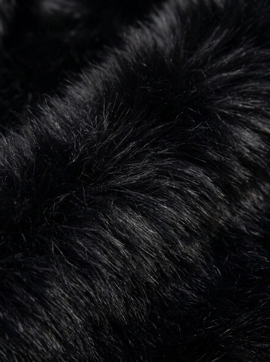 Close-up of soft black faux fur coat texture