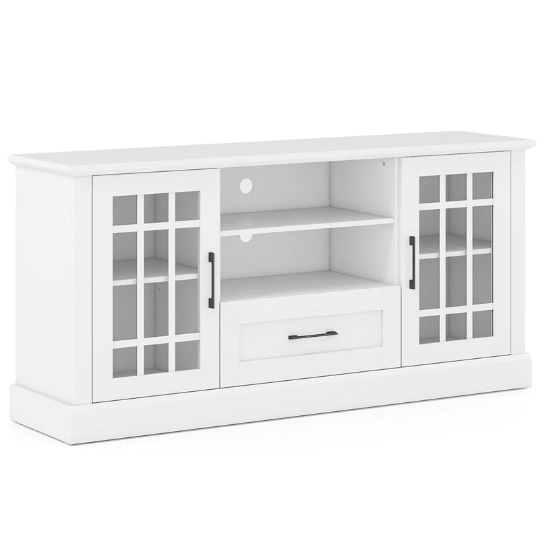 62" Farmhouse TV Stand for 70 Inch TVs, Tall Media Console Table with 2 Glass Doors, Cubbies & Drawer, Storage Cabinet for Living Room