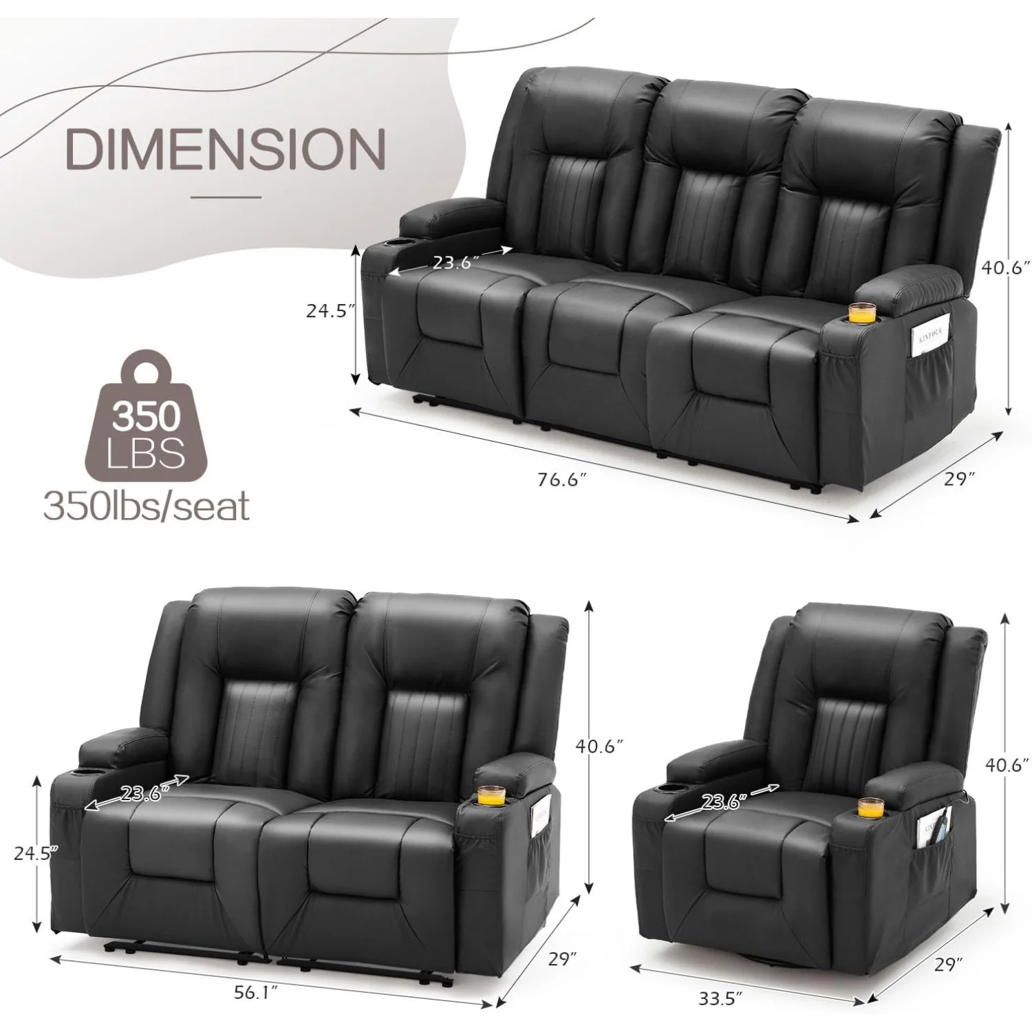 AECOJOY 3 Pieces Leather Recliner Sofa Set with Swivel Massage Chair, Black