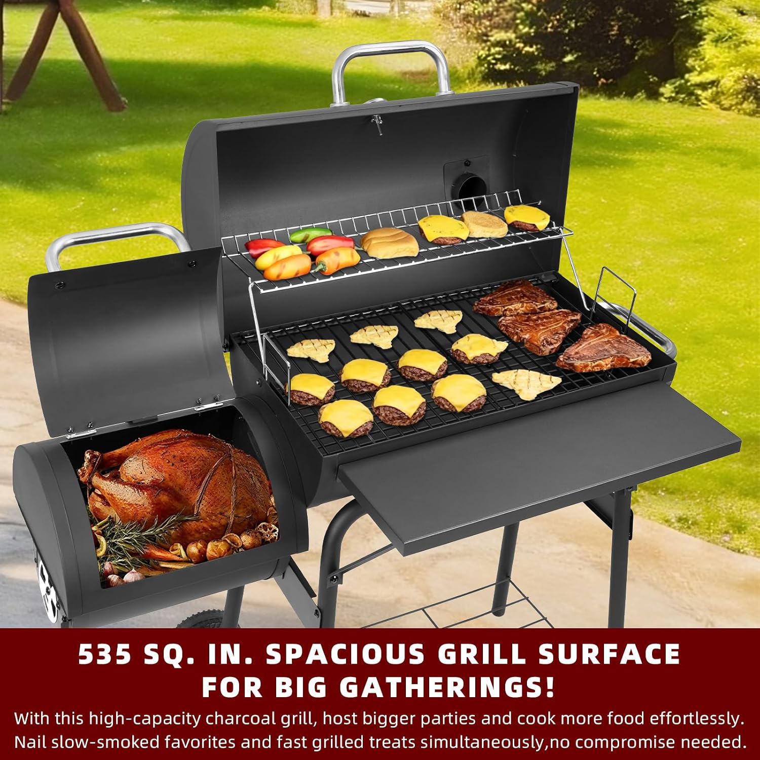 Charcoal Grill Offset Smoker 535 Sq.In. with Front Table for Outdoor BBQ