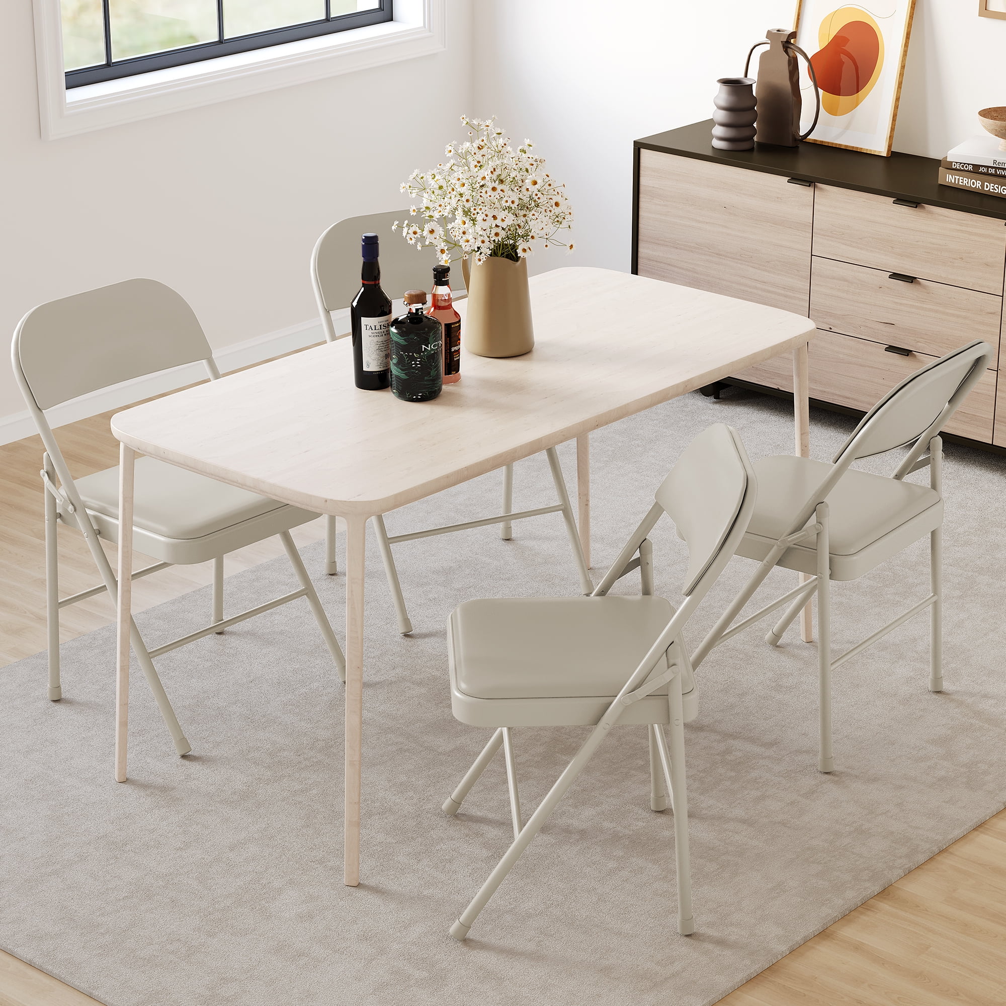 Luku Folding Chairs, Portable Card Chair, Metal Frame, PU Soft Cushion for Dining, Living, Office(4-Pack PU Cushion Chairs/Beige)