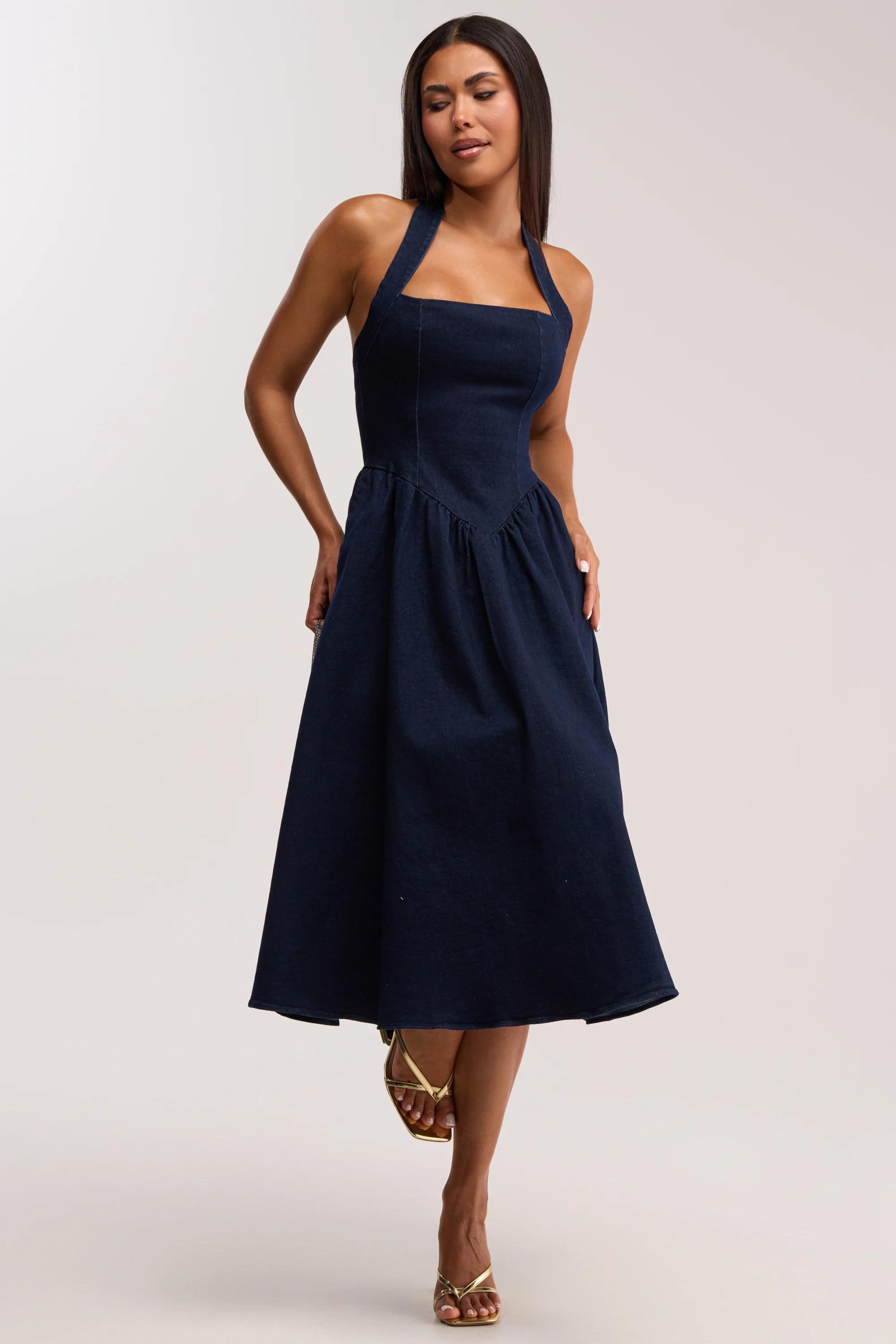 MISS INDEPENDENT DENIM HALTER MIDI DRESS - Akira Store