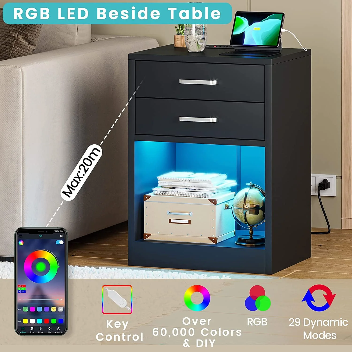 Set of 2 LED Nightstands with Charging Station, Modern Bedside Table with 2 Drawers, Black(Black) - Image 7
