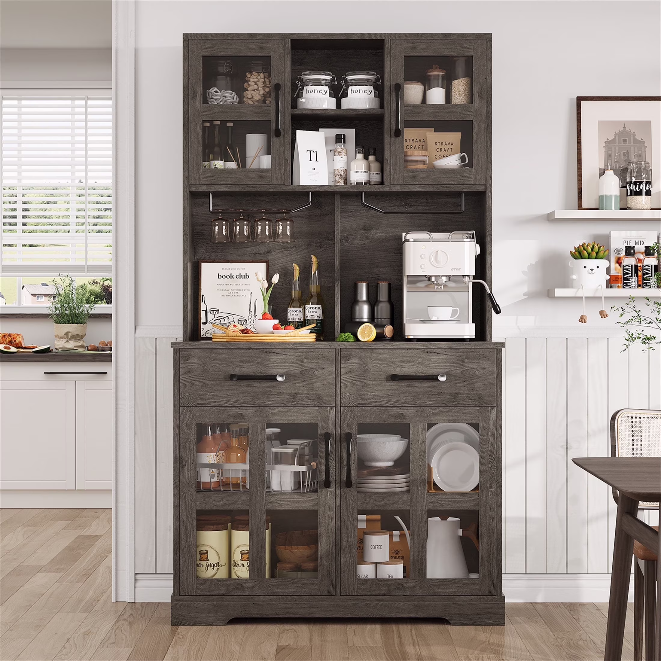 71'' Tall Kitchen Pantry Storage Hutch Cabinet with Doors and Shelves, Grey Oak(71'' Pantry Cabinet(Grey Oak)) - Image 7