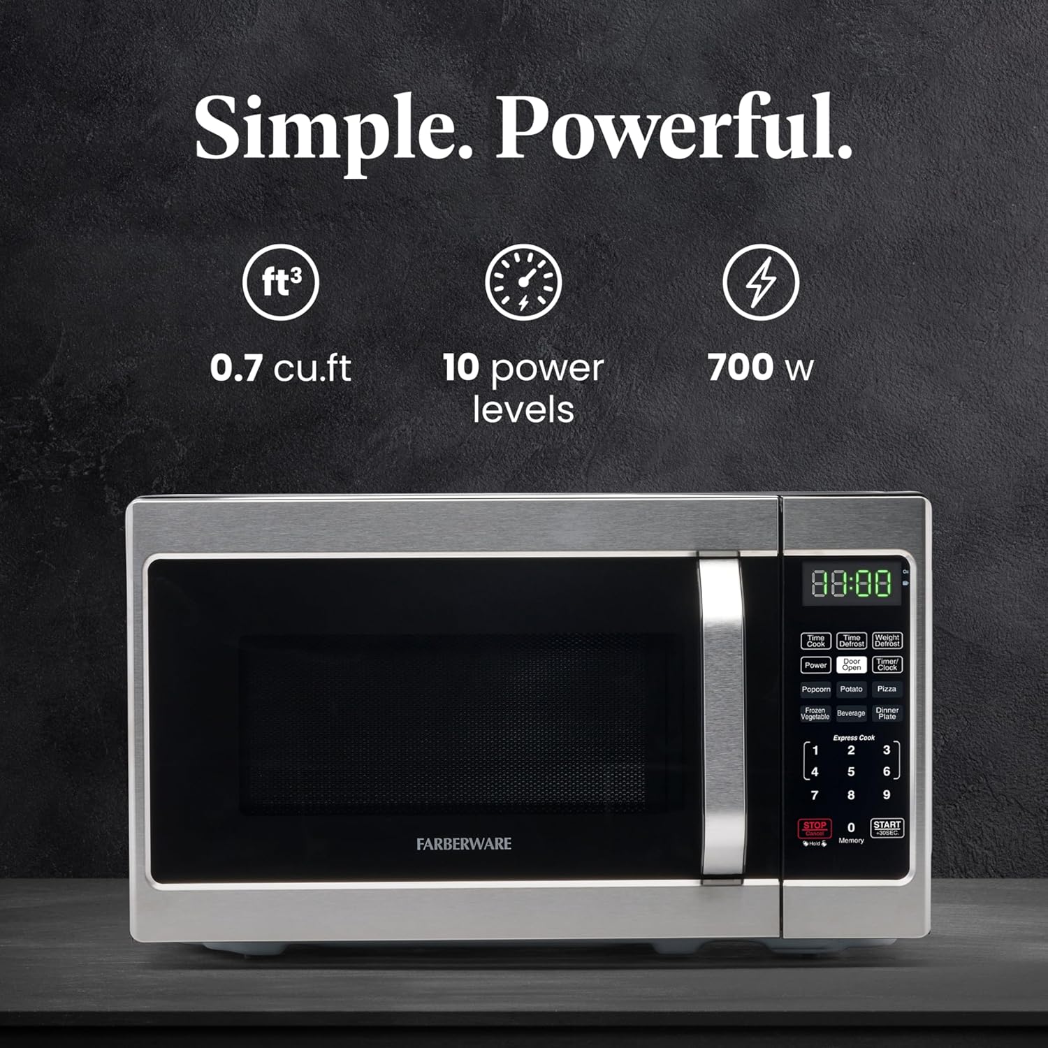 Farberware 0.7 CuCountertop Microwave Oven – 700 Watts Power, Auto Cook Settings, Defrost, Easy Clean and Child Safety Lock - Stainless