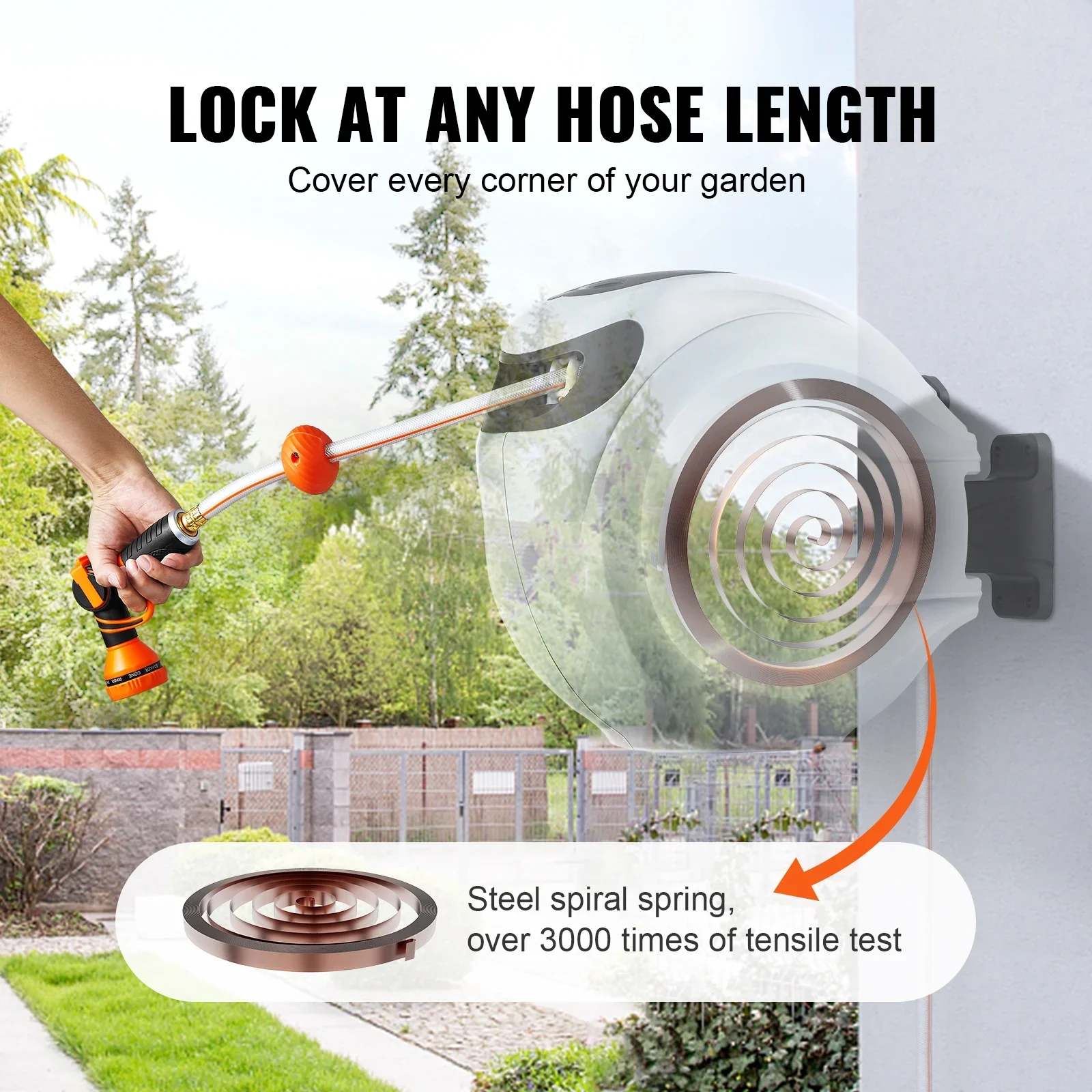 BENTISM Retractable Hose Reel, 65 ft x 5/8 inch, 180�� Swivel Bracket Wall-Mounted, Garden Water Hose Reel with 9-Pattern Nozzle, Automatic Rewind, Lock at Any Length, and Slow Return System