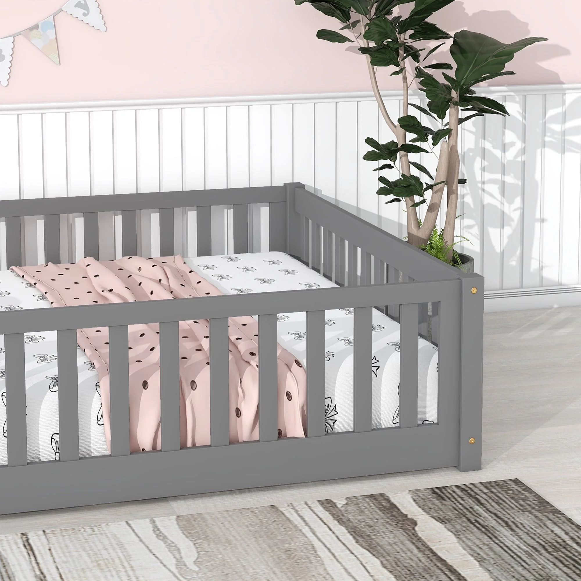 Full Size Wood Floor Bed Frame with Fence and Door for Kids, Toddlers, Gray(Twin/Gray) - Image 5