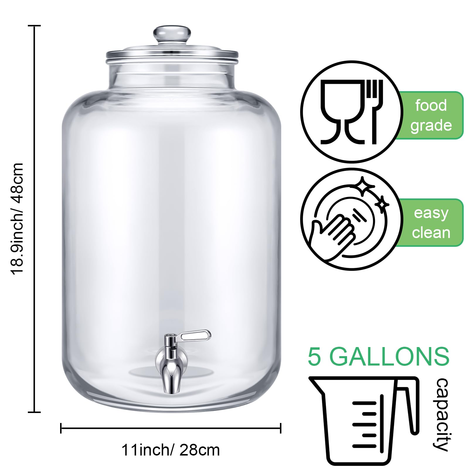 5 Gallon Glass Water Dispenser Countertop with Glass Lid and Stainless Steel Spigot Beverage Drink Dispenser Airtight Leakproof Large Jug for Summer Outdoor Party Juice Kombucha