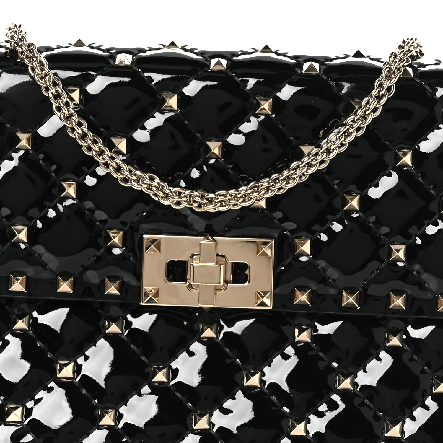 Patent Medium Rockstud Spike Shoulder Bag Black