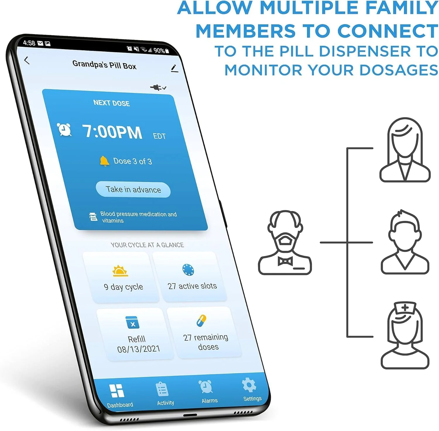 Pill Dispenser and Remote Medication Monitoring System with Locking Key, 28-Day Medication Organizer Up To 9 Doses Per, Adjustable Light/Sound Alarms For Prescriptions & Vitami
