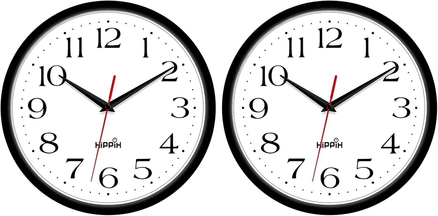 HIPPIH 10 Inch Wall Clock, 2Pack Silent Non Ticking Battery Operated Clocks| Black Analog Clock| Living Room, Office, Classroom, Bedroom, Kitchen, Bathroom| Modern Simple Style| Easy to Read| Accurate