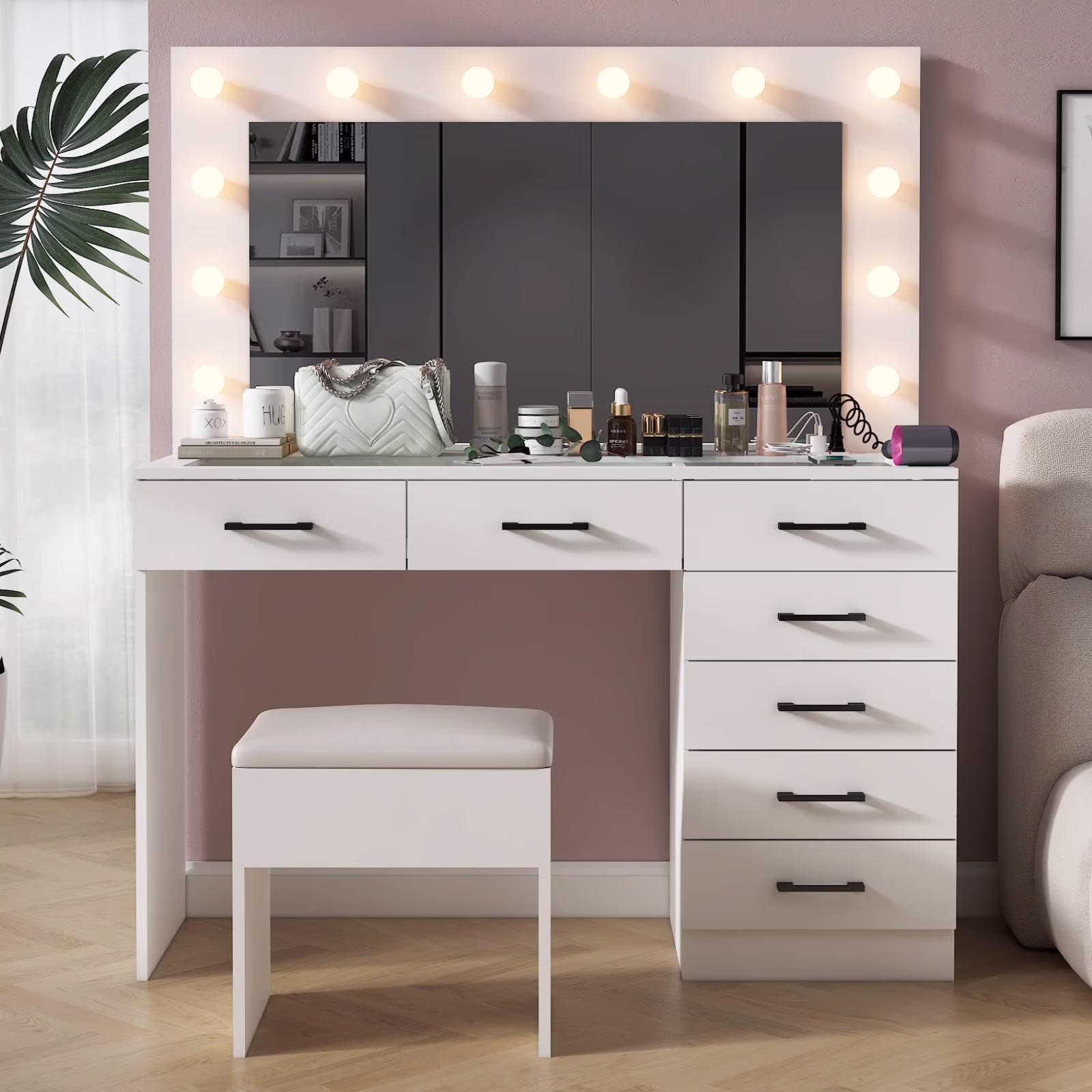 Large Makeup Vanity, Vanity Table Set w/ Visible Glass Top w/ Charging Station, White(White-9 Drawer) - Image 7
