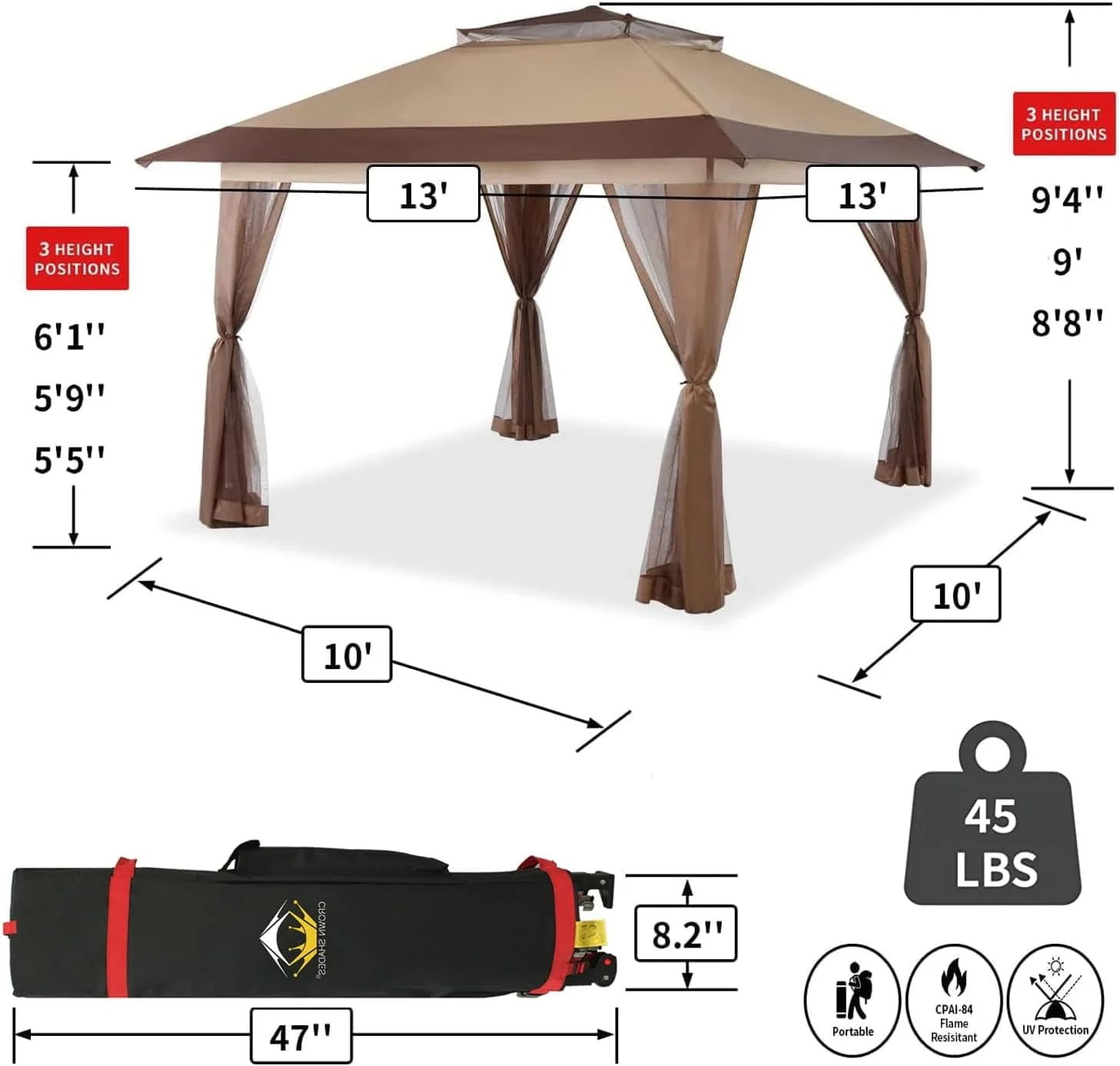 CROWN SHADES 13x13 Pop Up Gazebo, Canopy Tent, Gazebos on Clearance - Outdoor Gazebo for Backyard & Patio Furniture - Carpa Pop Up Tent with Wheeled STO-N-Go Cover Bag (Beige & Coffee)