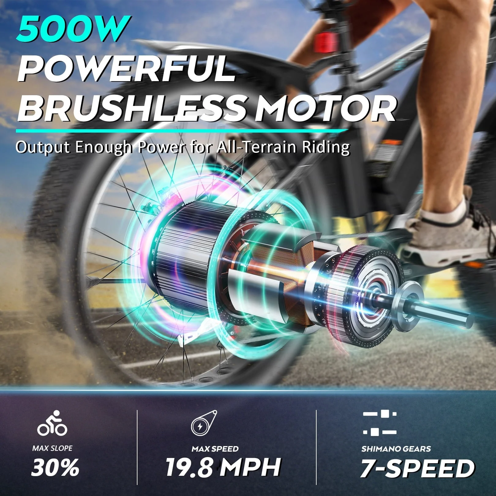 26" 4 0 Fat Tire Electric Bike for Adults, 500W Adults E Bike, 48V 13Ah Removable Li Ion Battery, Professional 7 Speed, Electric Mountain Bicycle Beach Bike Snow Bike Ebike for Men Image 3