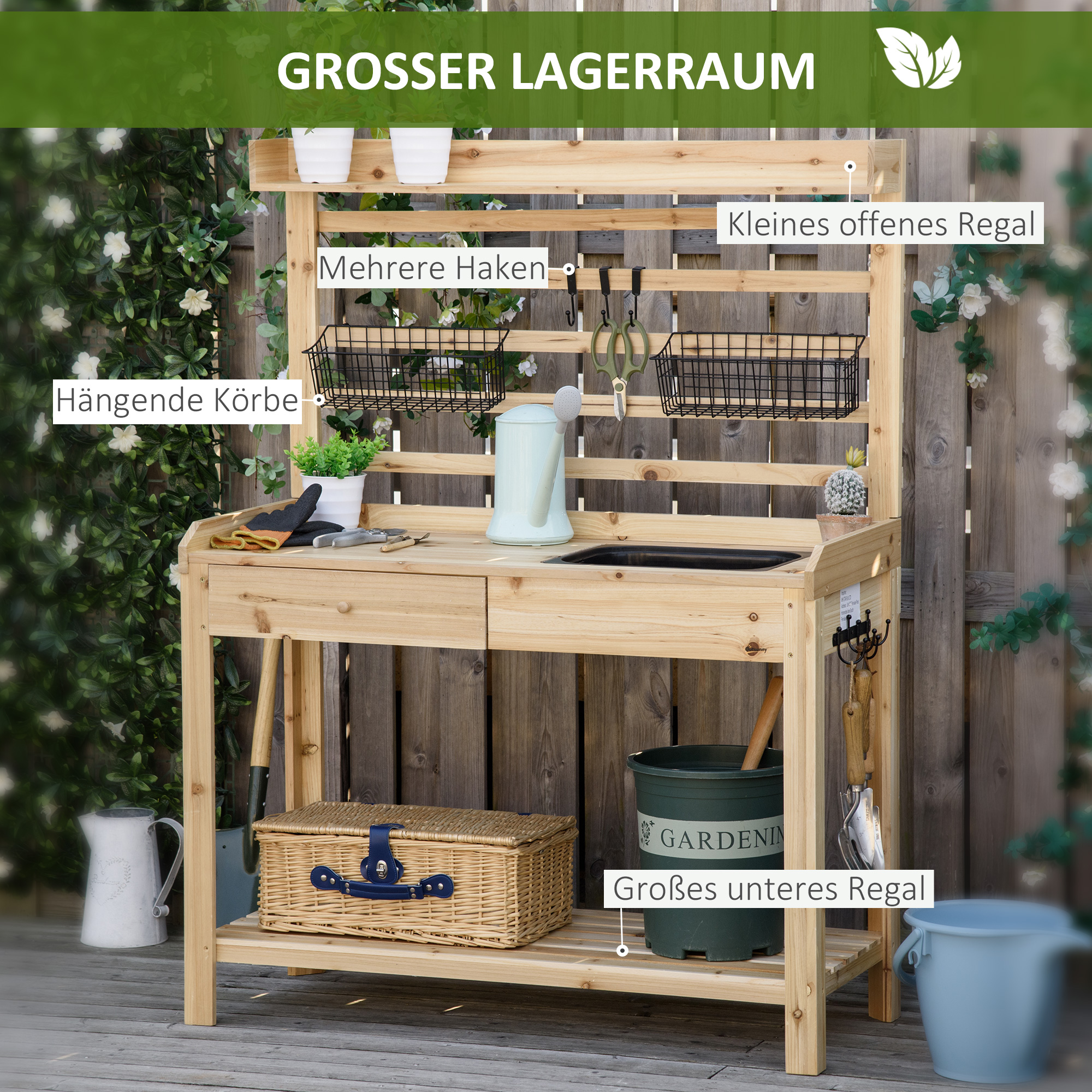Outsunny Planttafel Tuintafel met Wastafel Houten Bloementafel met Ladehaak Mandplank Tuinterras Naturel 107,5 x 46 x 142 cm