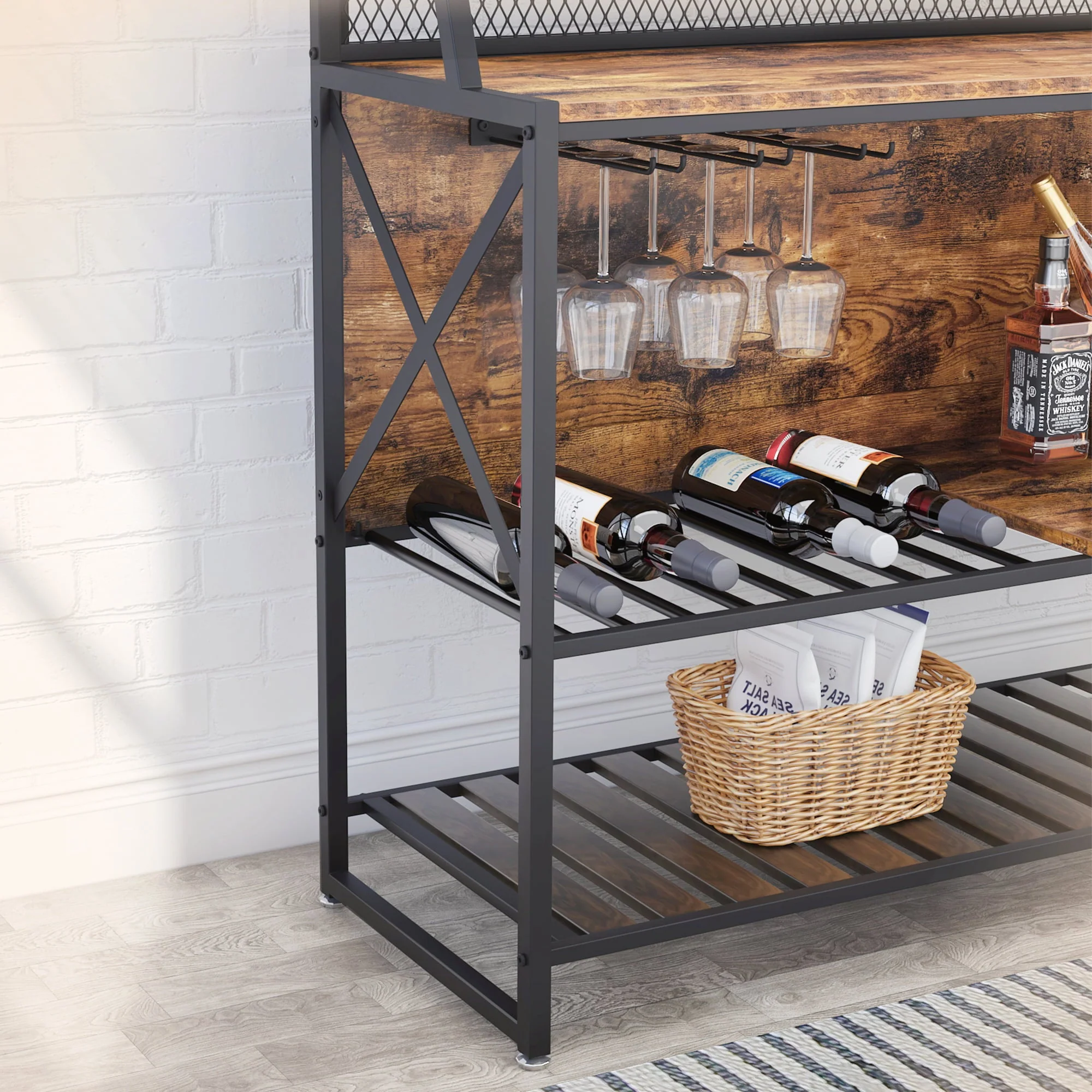 Bestier 3 Tier Liquor Bar Table Wine Bar Cabinet Coffee Station for Kitchen Rustic(Gray)