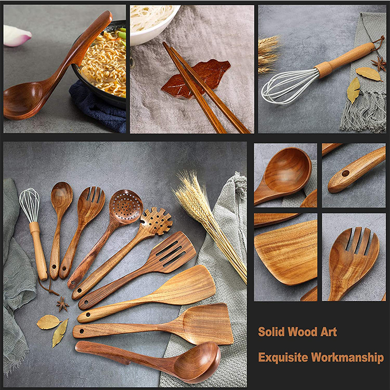 Teak Wooden Spoons for Cooking,12 Pieces Nonstick Kitchen Utensil Set with Wood Utensils Holder