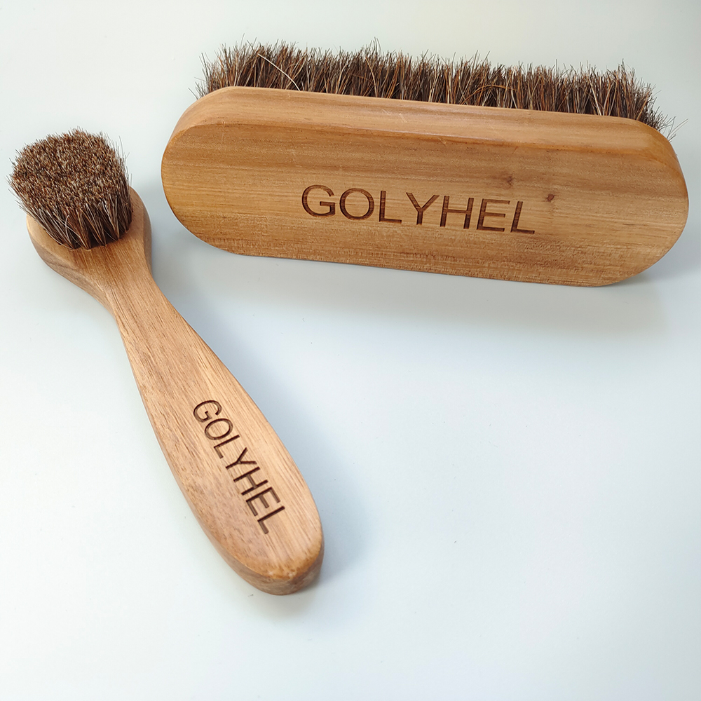 GOLYHEL Wooden Horsehair Brush Set  Pure Horsehair Premium Acacia Wood Shoe Brush Set