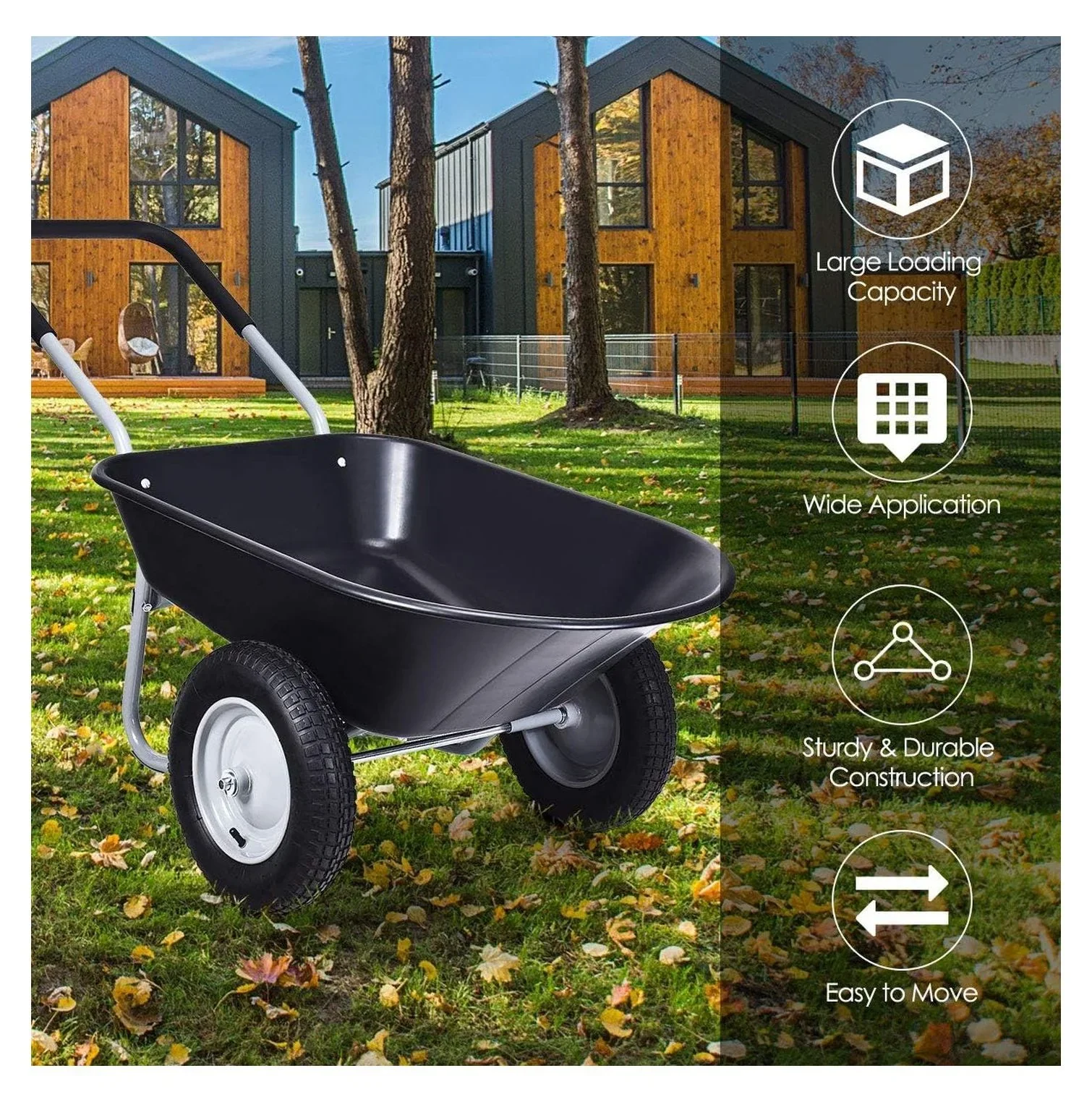 IRONMAX Garden Dual-Wheel Wheelbarrow, Heavy Duty Utility Yard Cart w/ 2x14���� All- Wheels & Built-in Stand, Wheel Barrow for Lawn, Yard, Farm, Gardening & Planting (Black)