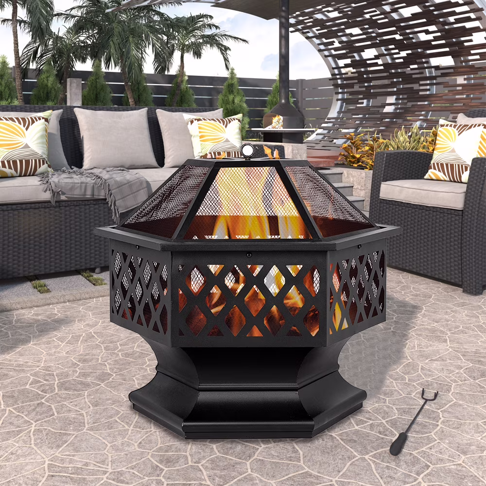 Outdoor Wood Burning Fire Pit, 24 Hexagon Metal Fire Pit for Patio with Poker, Spark Screen, Hex Shaped Fire Pit BBQ Grill, Garden Firepit Stove for Camping Picnic Bonfire Backyard, JA2419