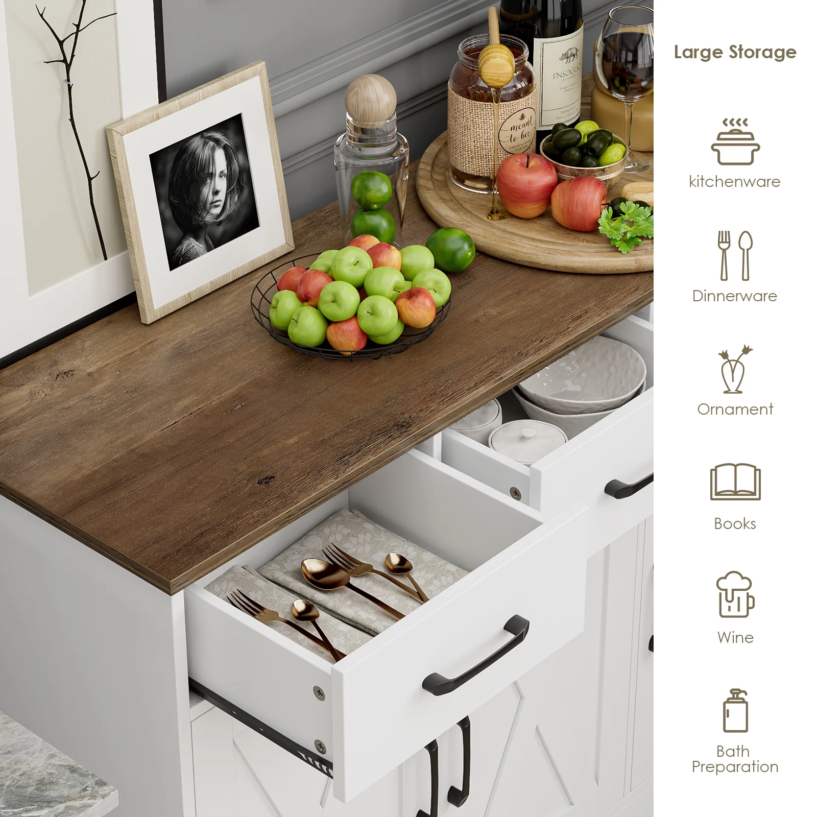 42.5'' Kitchen Buffet Sideboard Cabinet, 3 Drawers Farmhouse Coffee Bar Storage Cabinet with Adjustable Shelf, White(White) - Image 8