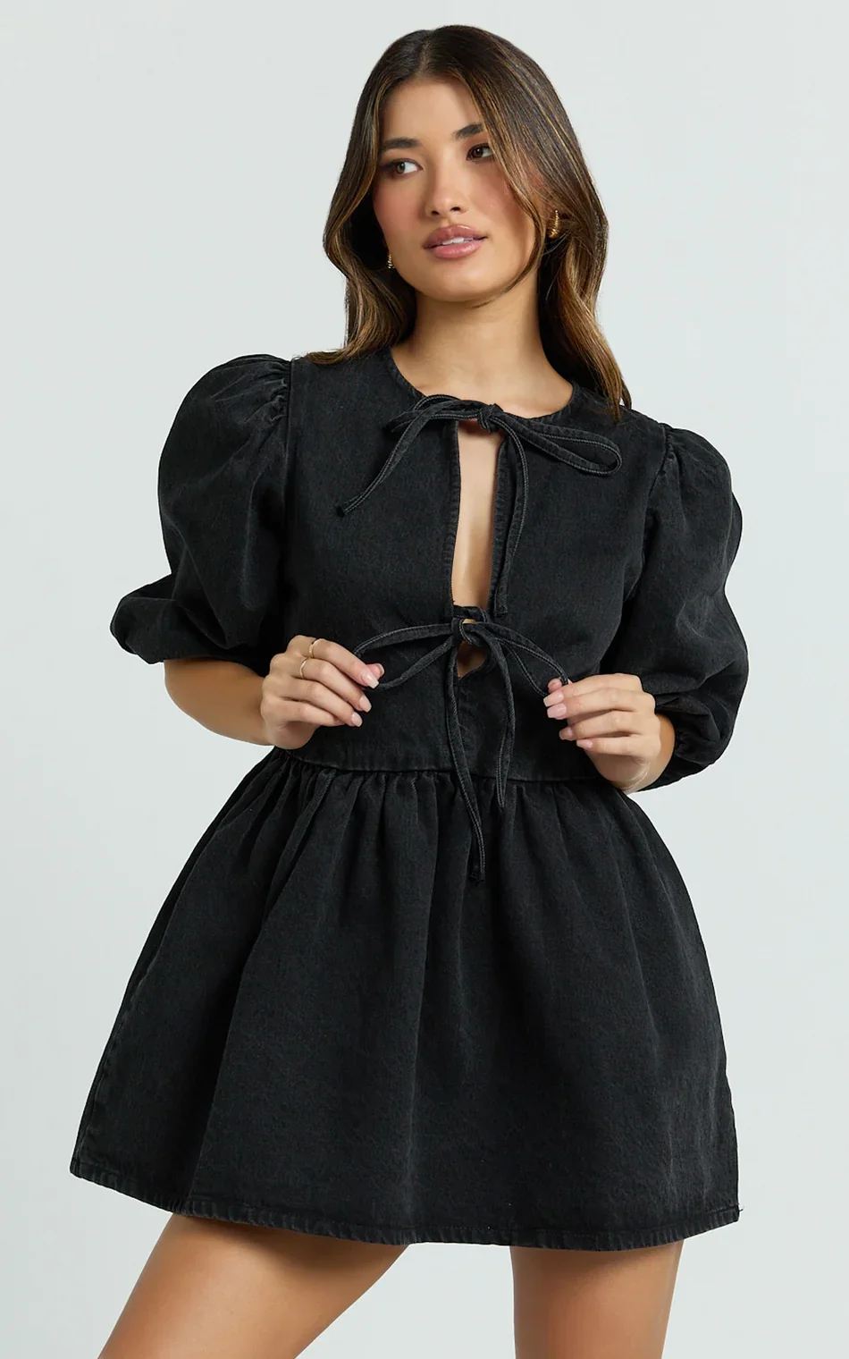 Shailene Mini Dress - Tie Front Puff Sleeve Recycled Denim Dress in Black Wash Panel