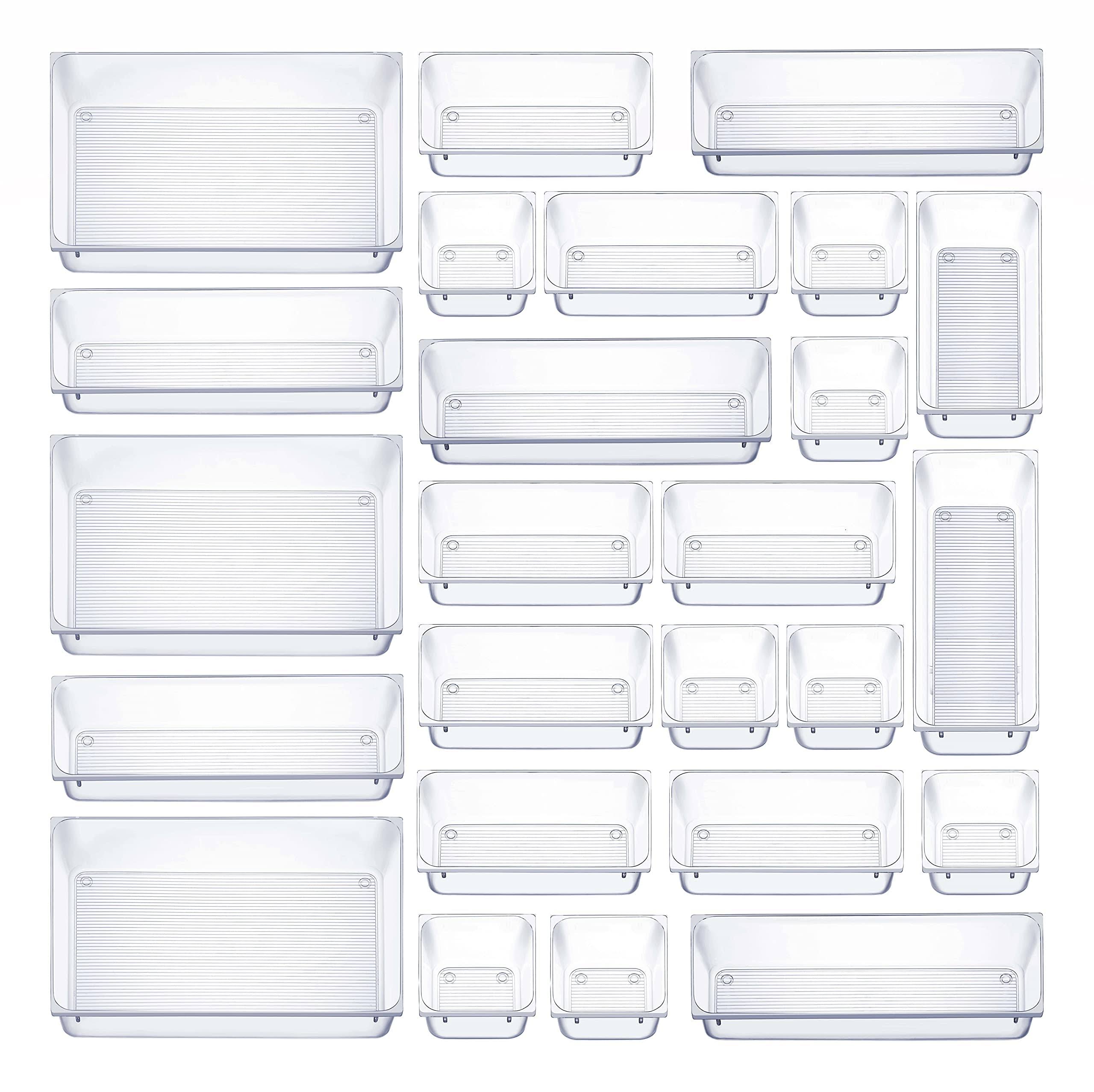 Seseno 25 Pcs Drawer Organizer Set Dresser Desk Drawer Dividers - 4 Size Bathroom Vanity Cosmetic Makeup Trays - Multipurpose Clear Plastic Storage