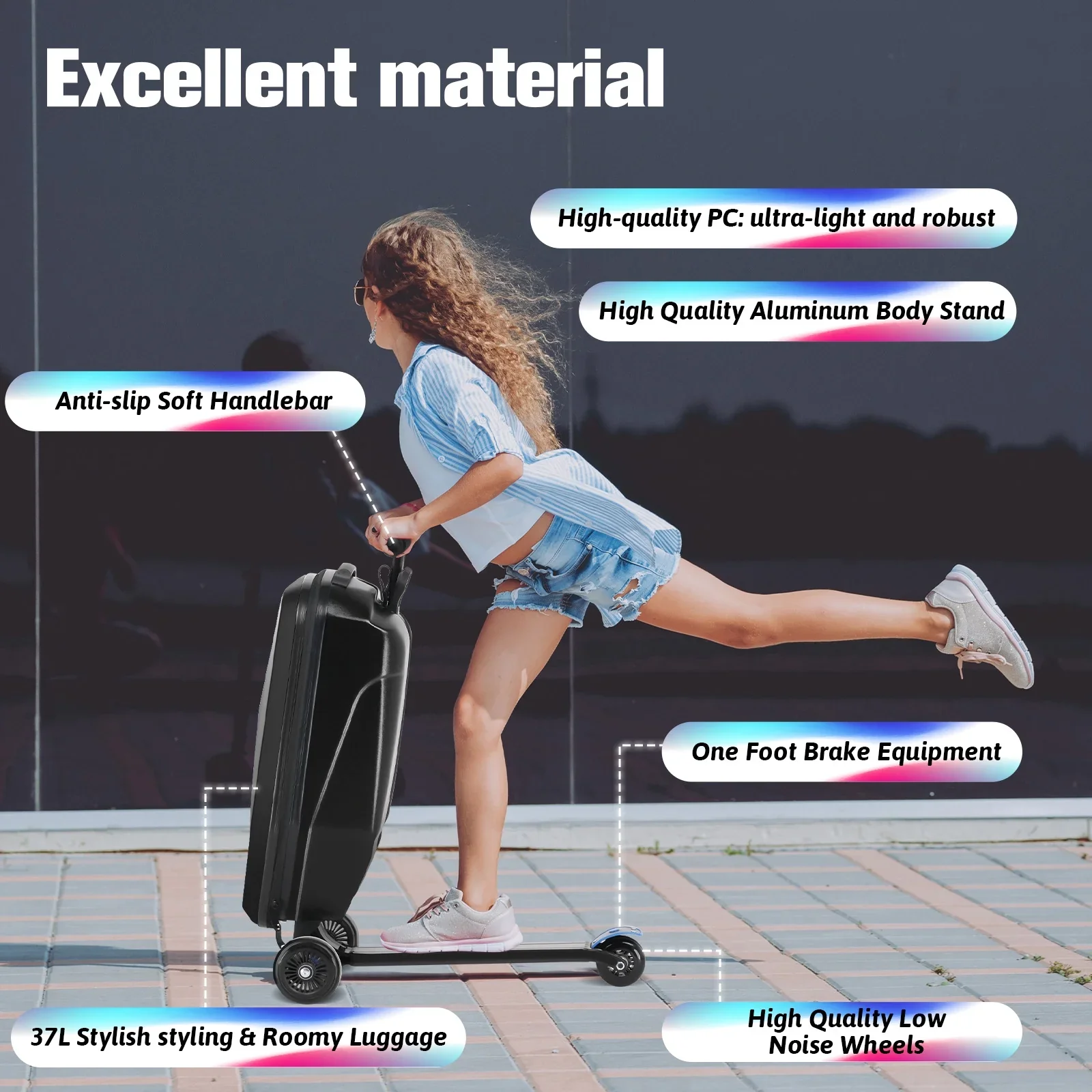 Advwin Scooter Luggage for Kids & Adults, Hardside Ride on Suitcase for Kids Ages 4-15 Multifunctional Lightweight Foldable Carry on Luggage with Wheels Ride on for Children Teenagers, Pink