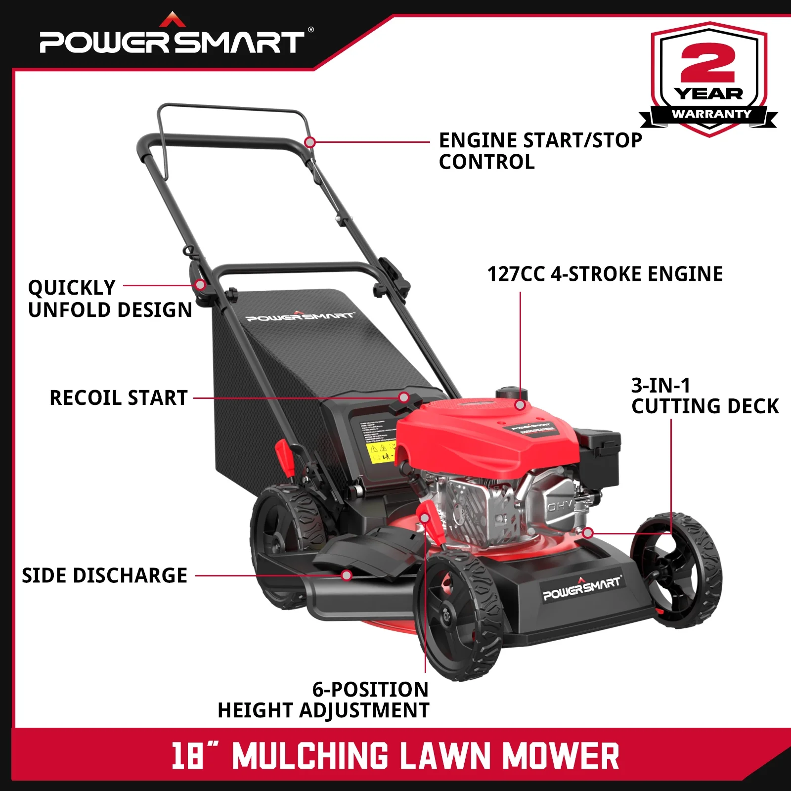 3-in-1 18-inch Gas Push Lawn Mower with 144cc Engine, 6-Position Height Adjustment - Image 2