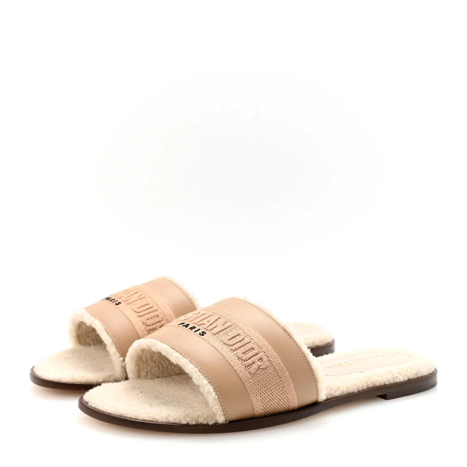Suede Goatskin Shearling Embroidered Dway Slide Sandals 38 Cookie