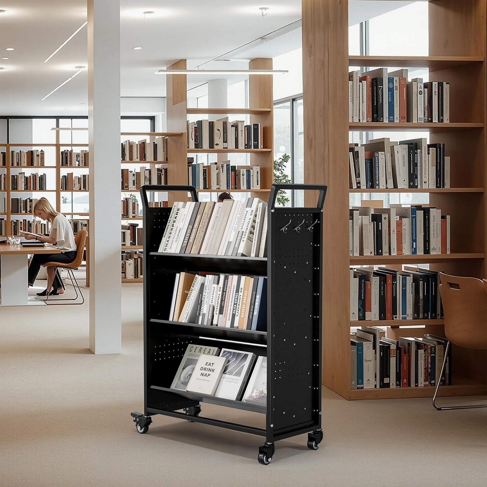 AECOJOY Book Cart with Wheels, 352LBS Rolling Bookshelf Utility Cart with V-Shaped Shelves