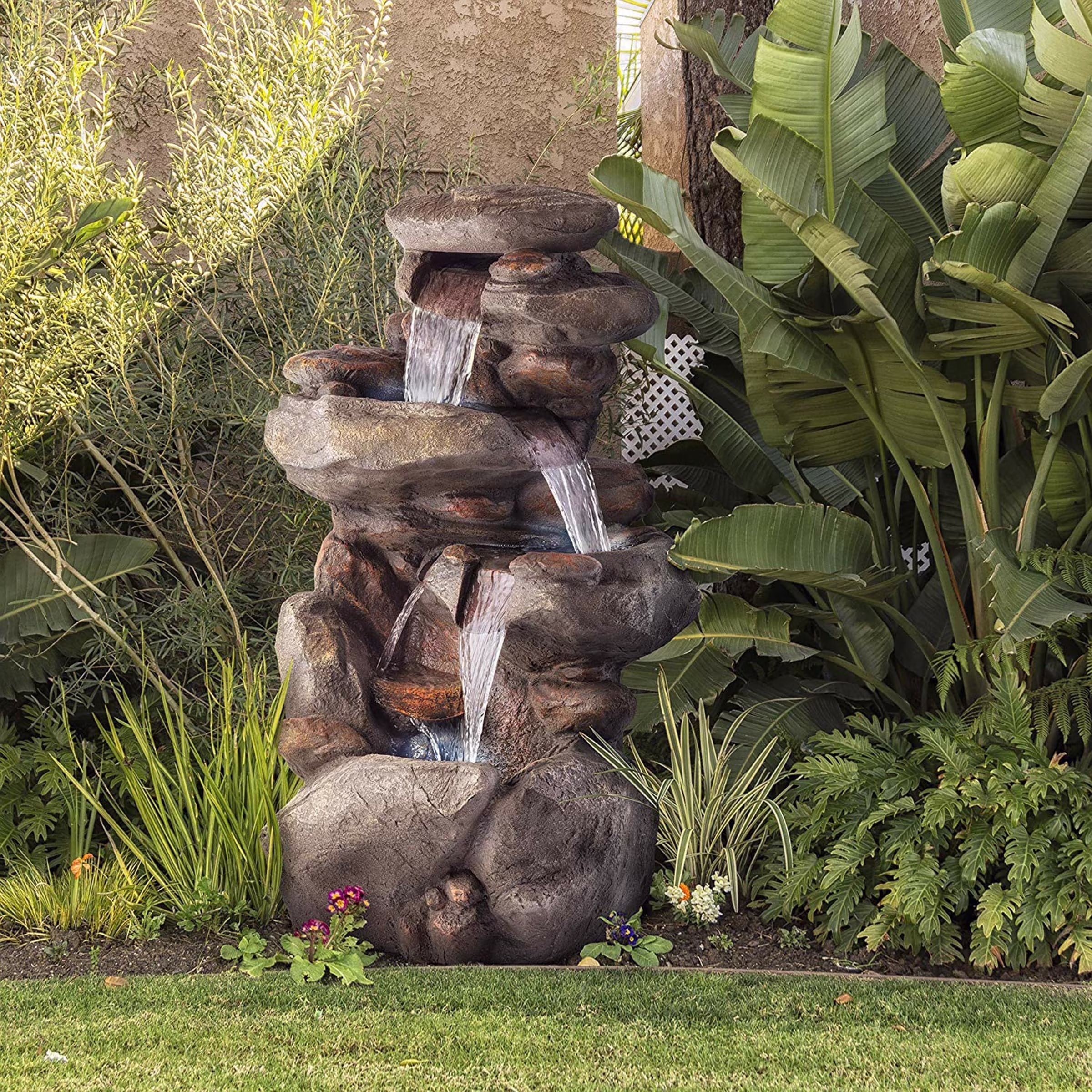 Alpine Corporation WIN1184 40 Outdoor Floor 3-Tiered Rock Waterfall Fountain with LED Lights, Natural Stone Look �C Cascading Water Feature for Gardens, Patios, Yards, and Outdoor D��cor, Gray