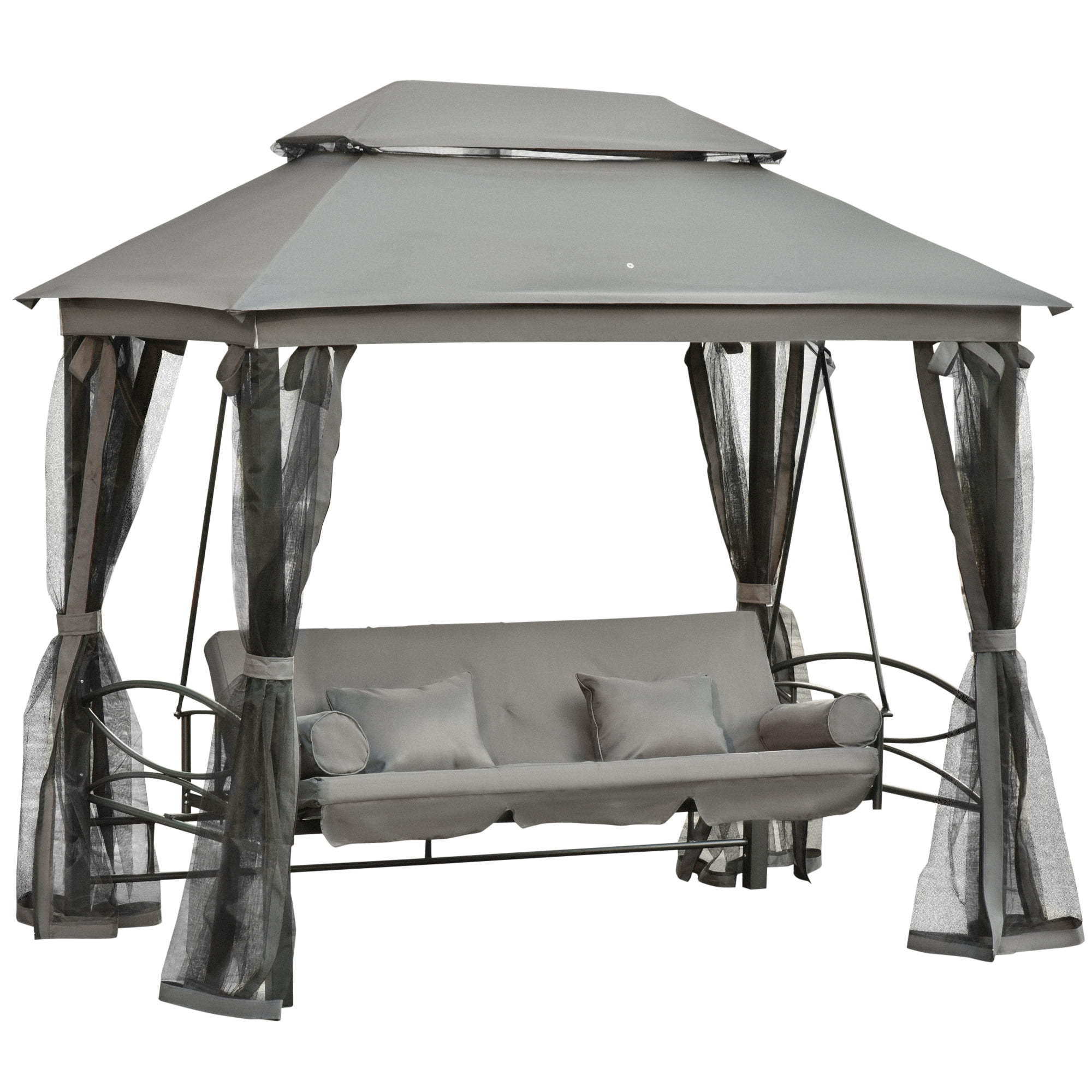 Outsunny 3 Person Patio Swing Chair, Gazebo Swing with Double Tier Canopy, Cushioned Seat, Mesh Sidewalls, Gray