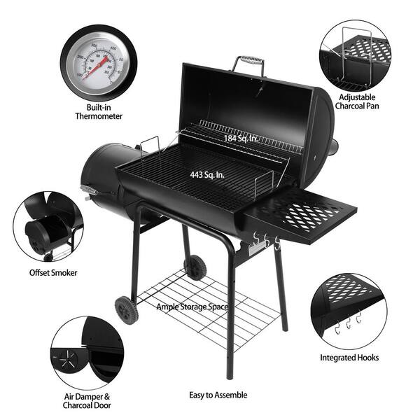 30 in Smoker Black Barrel Charcoal Grill with Offset Smoker with Cover For Outdoor, Backyard Cooking Image 7