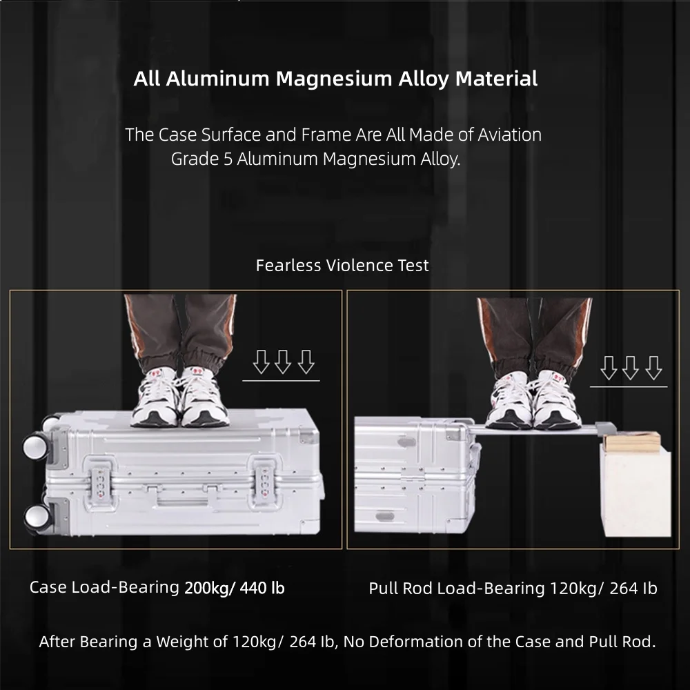 All Aluminum Magnesium Hardshell Carry on Luggage with Wheels, Modern Zipperless Hardshell Checked Luggage with TSA Lock, Airline Approved Metal Suitcase Travel Metal Rolling Luggage