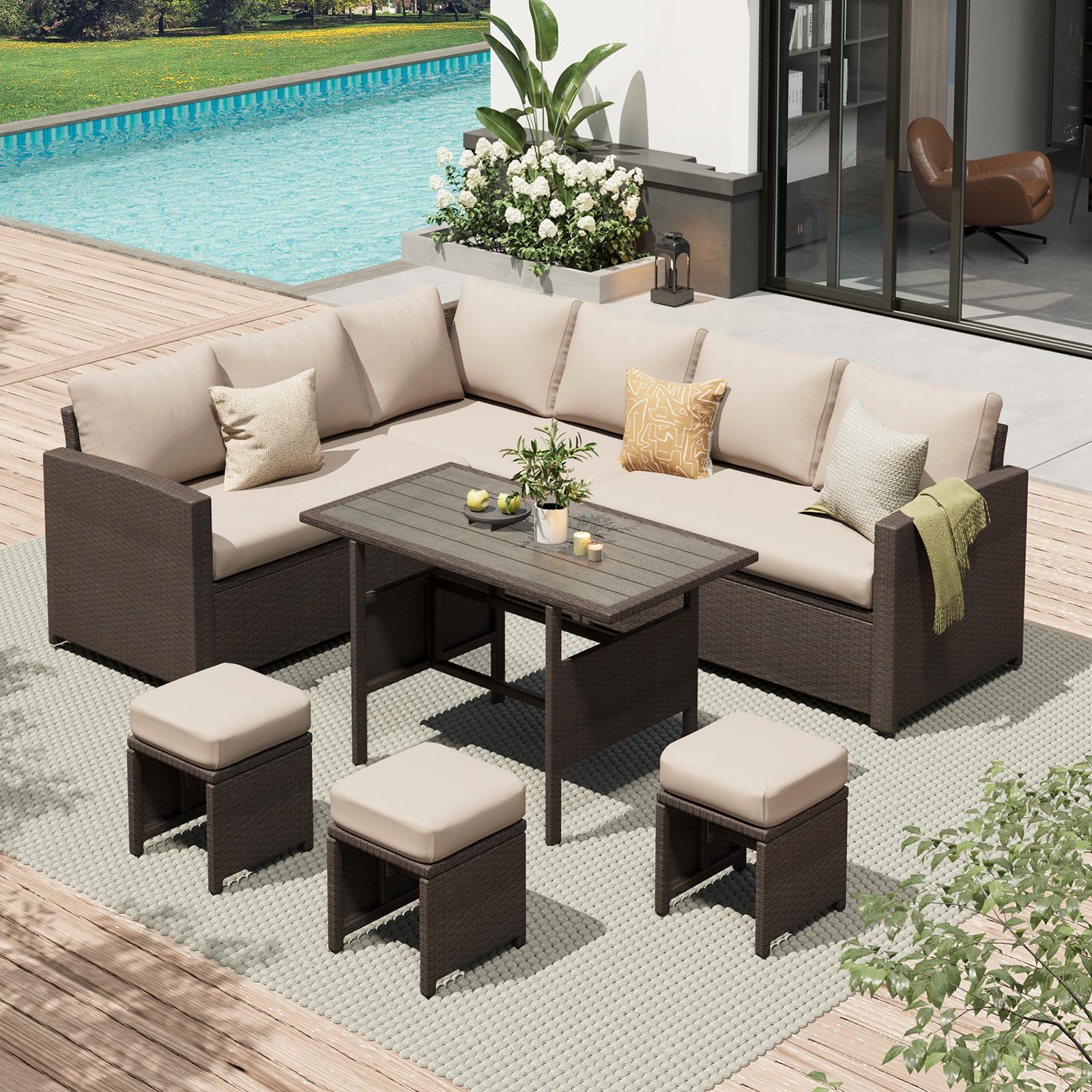 AECOJOY 7 Piece Outdoor PE Rattan Wicker Sofa Set with Waterproof Cover, Khaki
