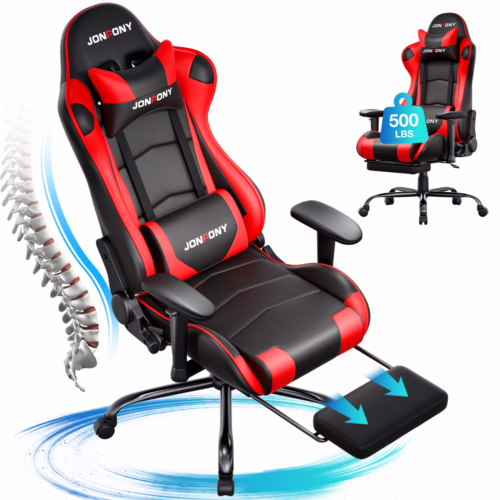 Big and Tall 500LBS Gaming Chair, Ergonomic Design, Gamer Chair PU Leather with Footrest and Lumbar Support, High Back Office Chair Support 8 Hours Long Sitting,Red Computer Chair,Red(Red)