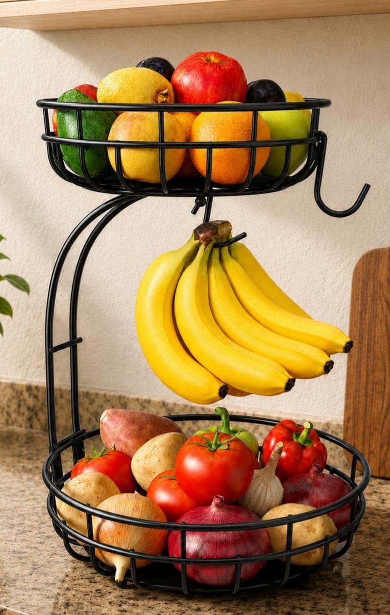 Sevenblue 2 Tier Modern Fruit Basket for Kitchen Counter with 2 Banana Hooks