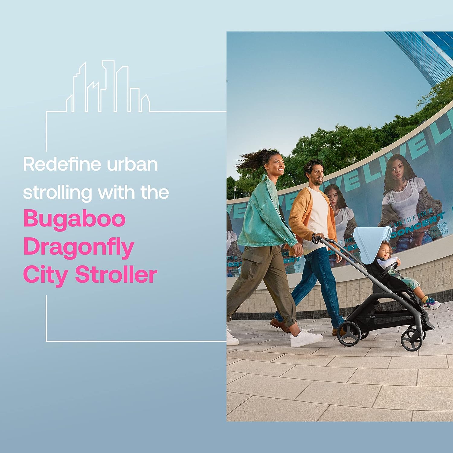 Poussette Bugaboo Dragonfly City, poussette bébé légère et compacte avec pliage facile d'une seule main dans n'importe quelle position, suspension intégrale, panier sous le siège XL, châssis noir et capote pare-soleil vert forêt