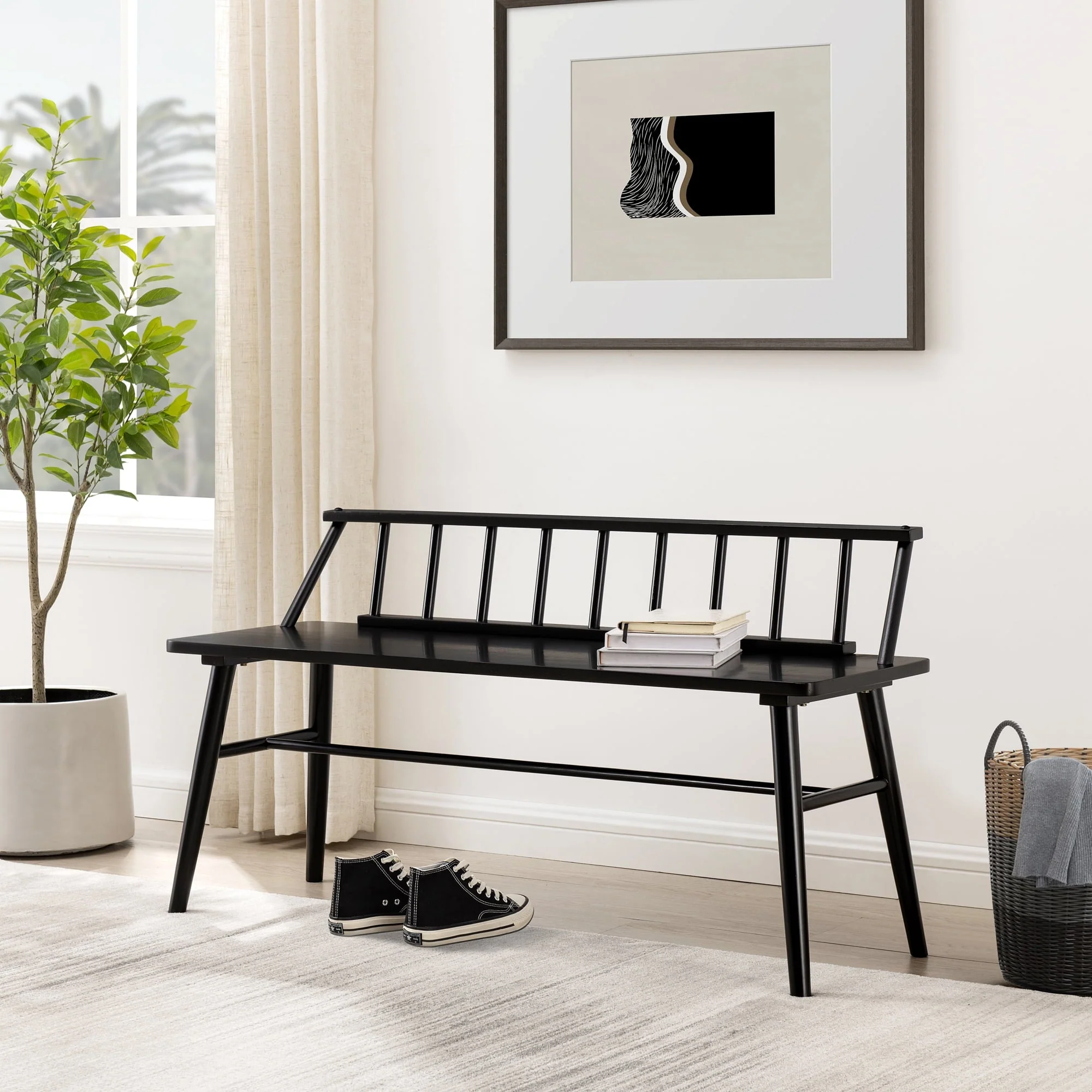 Walker Edison 47�?Contemporary Low Back Spindle Wood Bench, Black