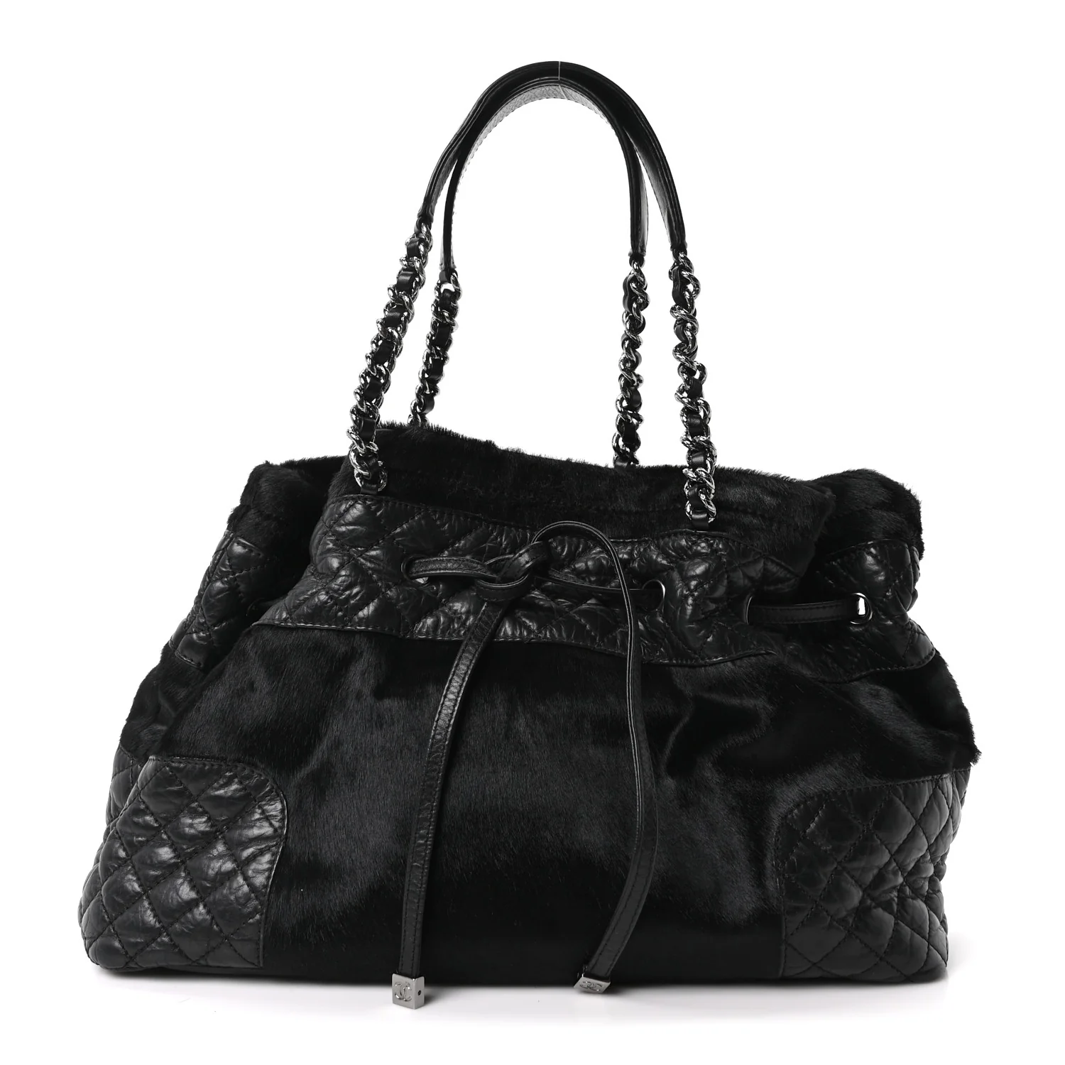 Aged Calfskin Pony Hair Quilted Small Miss Pony Drawstring Tote Black