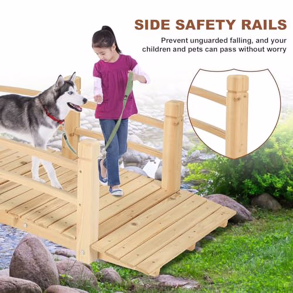 HOMEDIARY Fir Wood Garden Bridge, Outdoor Arc Footbridge Walkway with Double Safety Railings, Decorative Pond Bridge Landscaping w/550lbs Capacity for Backyard Farm Garden Creek Po