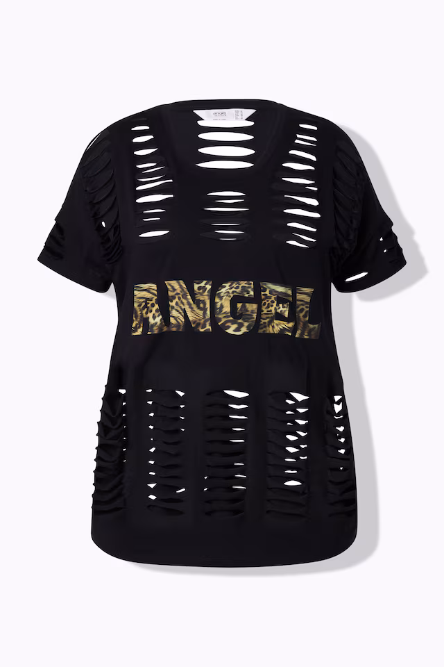 Comfort fit T-shirt with slits and leopard pattern inscription