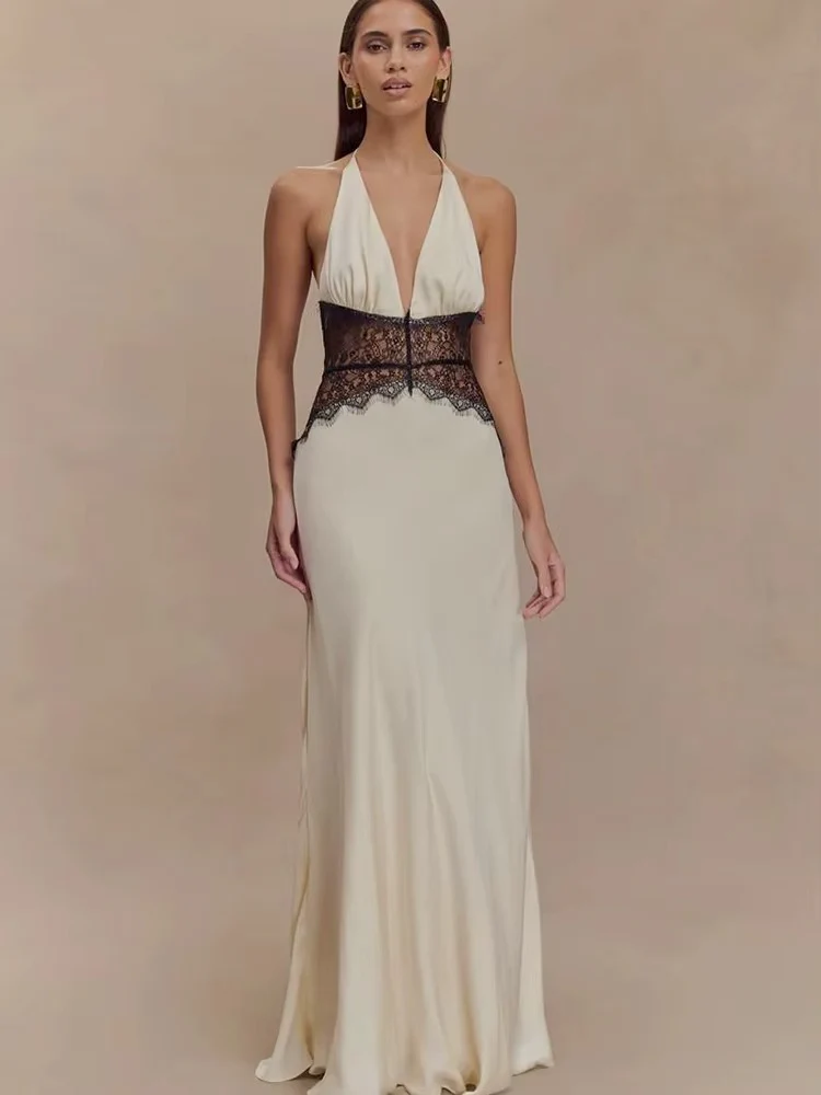 Robe Maxi Dos Nu à Panneaux en Dentelle et Col Halter